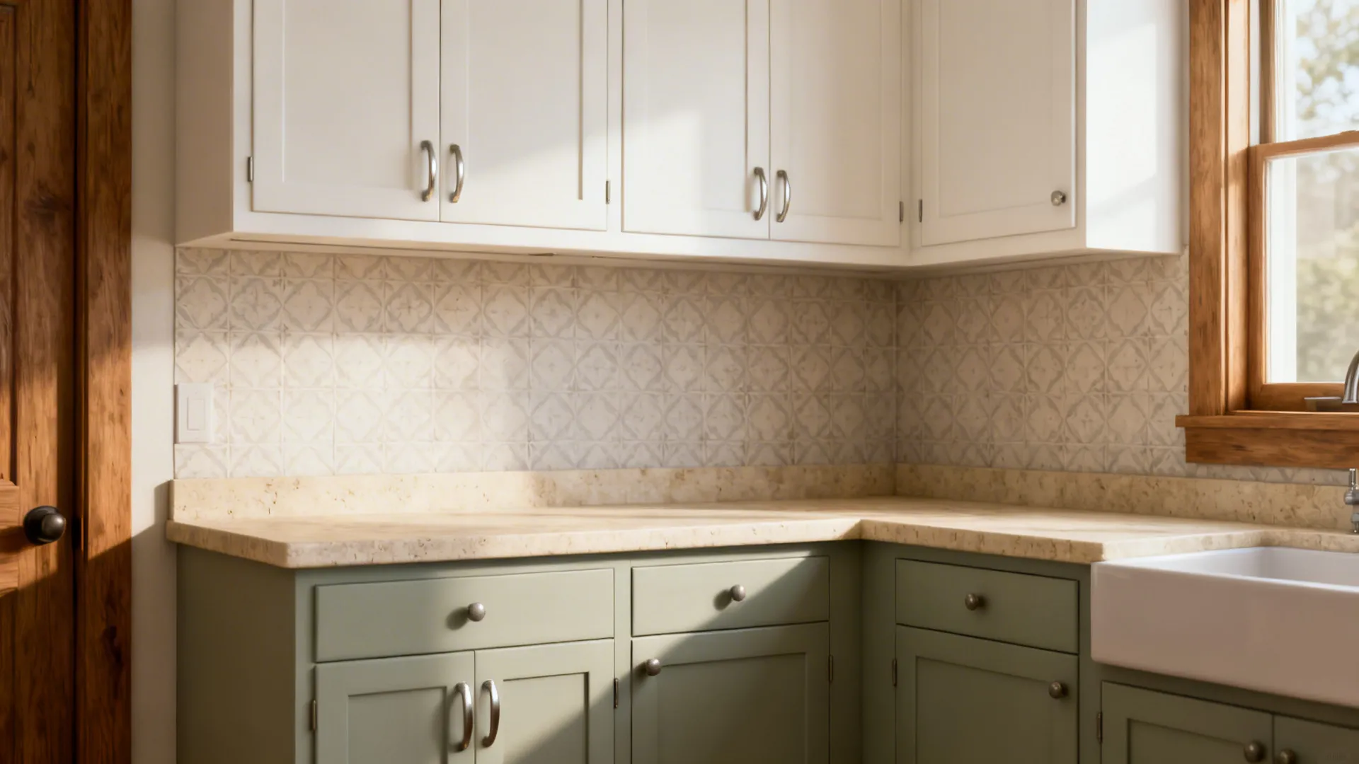 Compact kitchen with creamy white uppers, pale gray-green lowers, and a limestone-look top.