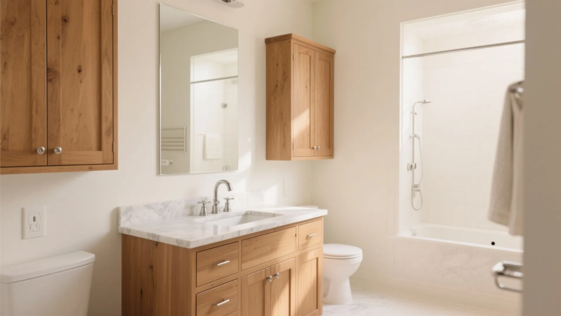 Honey oak cabinets with creamy white walls in a bathroom