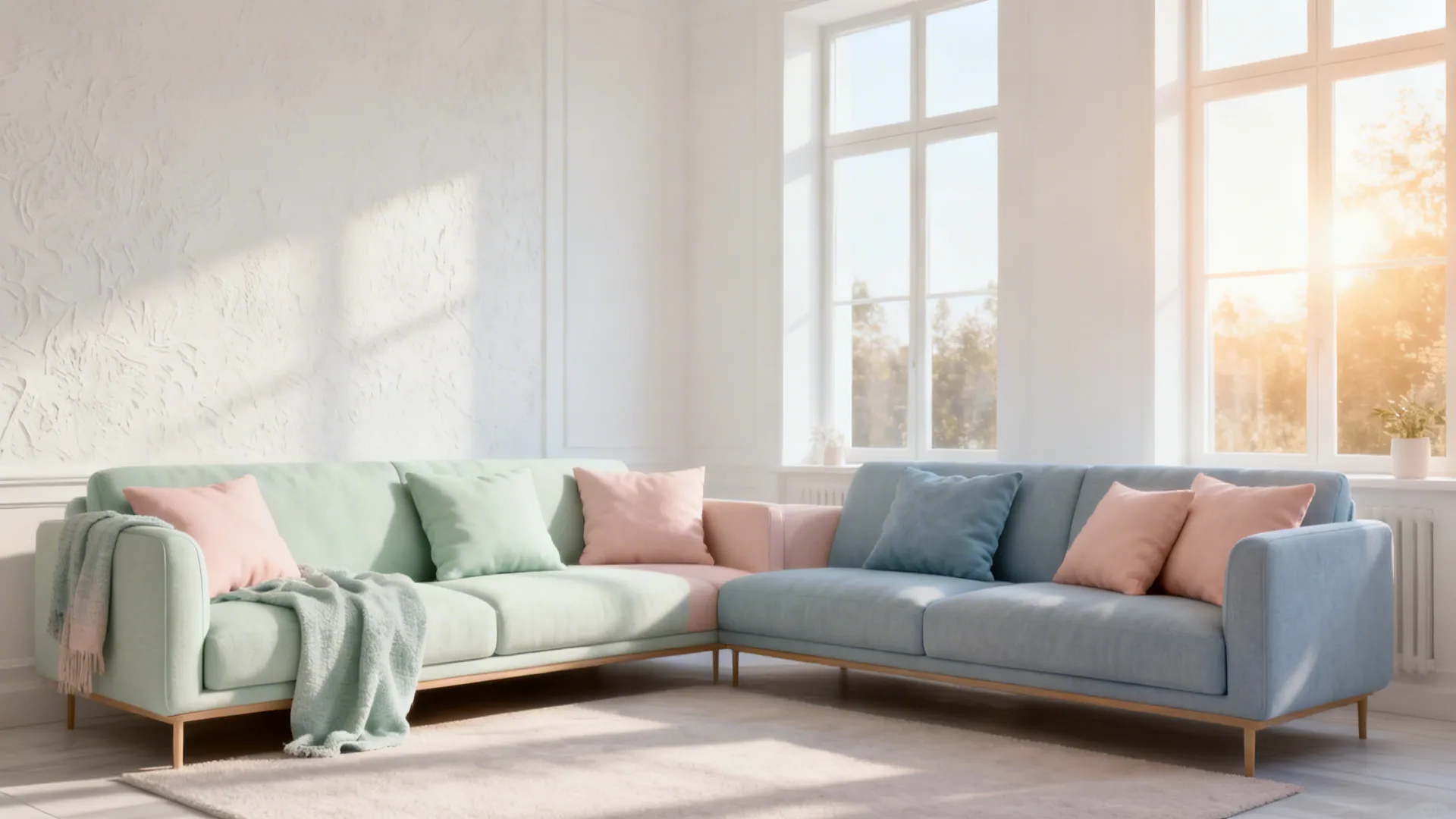 Bright living room with pastel sofa, pink cushions, white walls, and large windows with sunlight