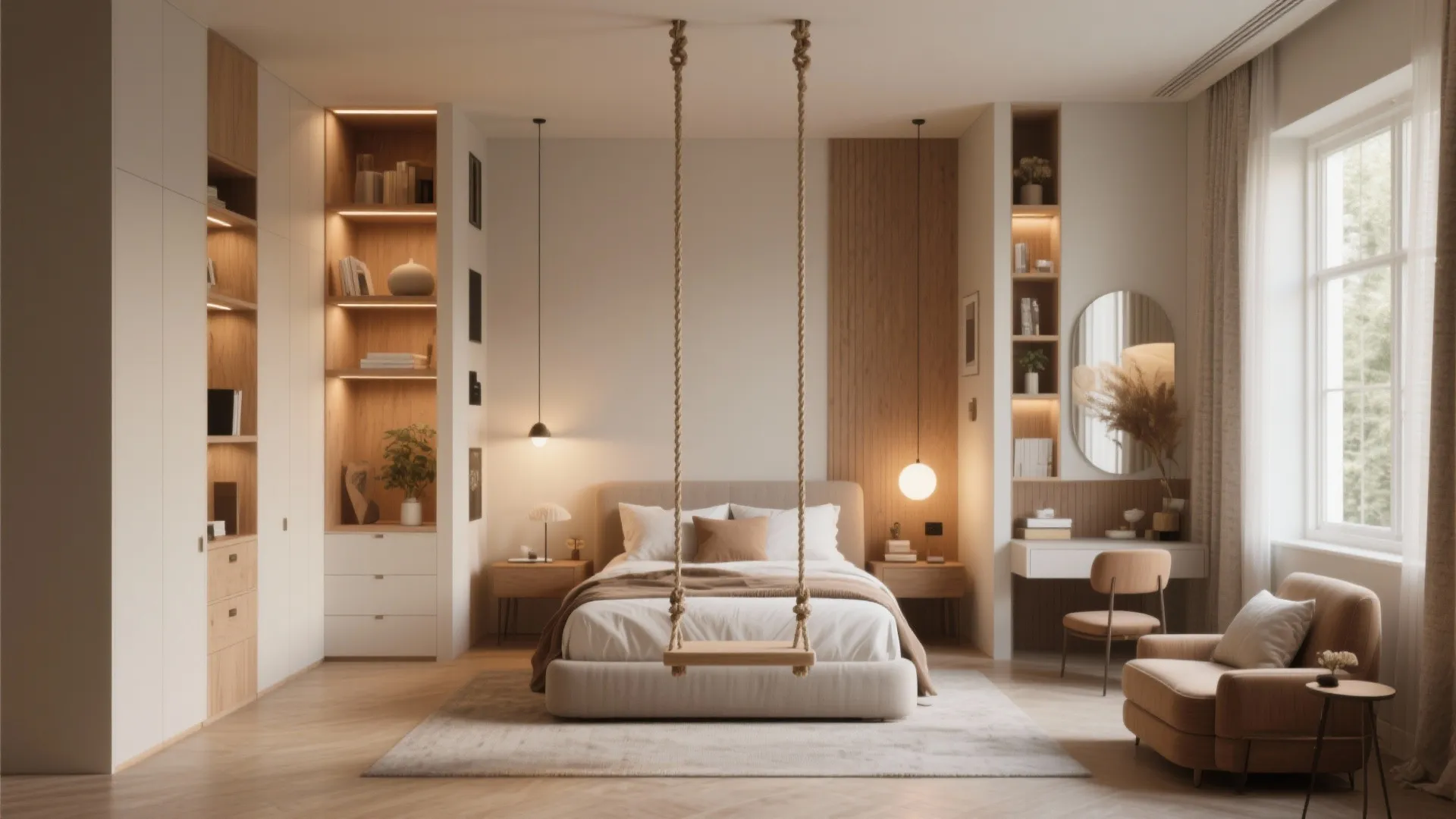 Modern bedroom featuring a wooden indoor swing bed white shelving vanity desk and light wood flooring