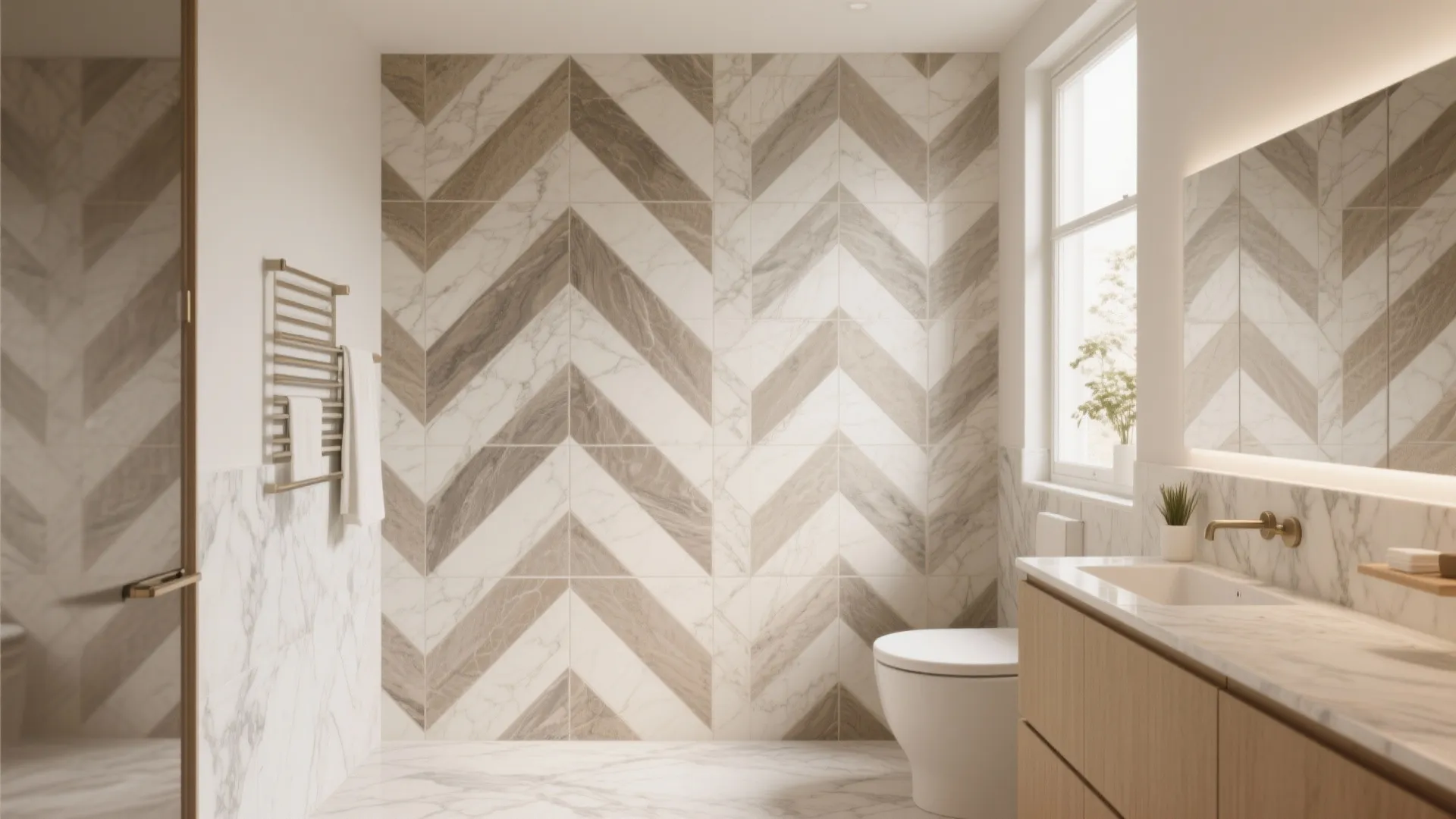 Elegant bathroom design with pattern wall tiles wooden cabinet white sink and a large mirror