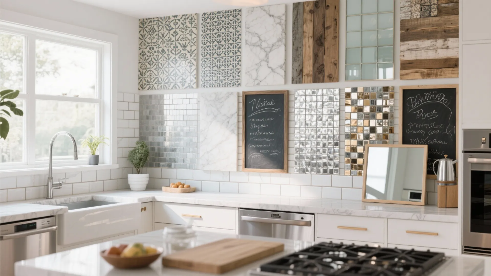 Modern white kitchen with many wall tile samples including wood marble and square metal pieces