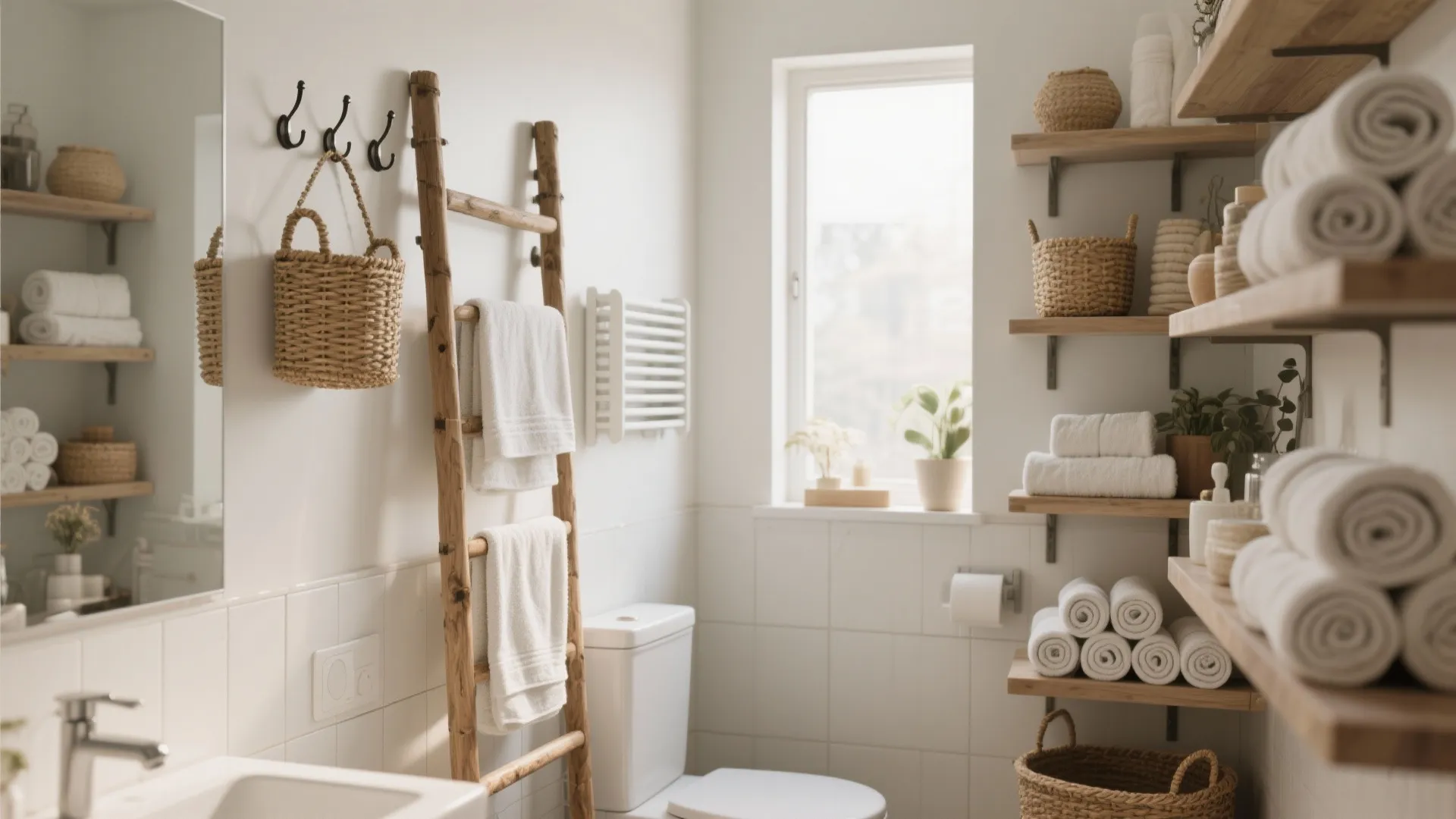 Bright bathroom with wooden ladder towel rack white toilet wall shelves and many rolled white towels