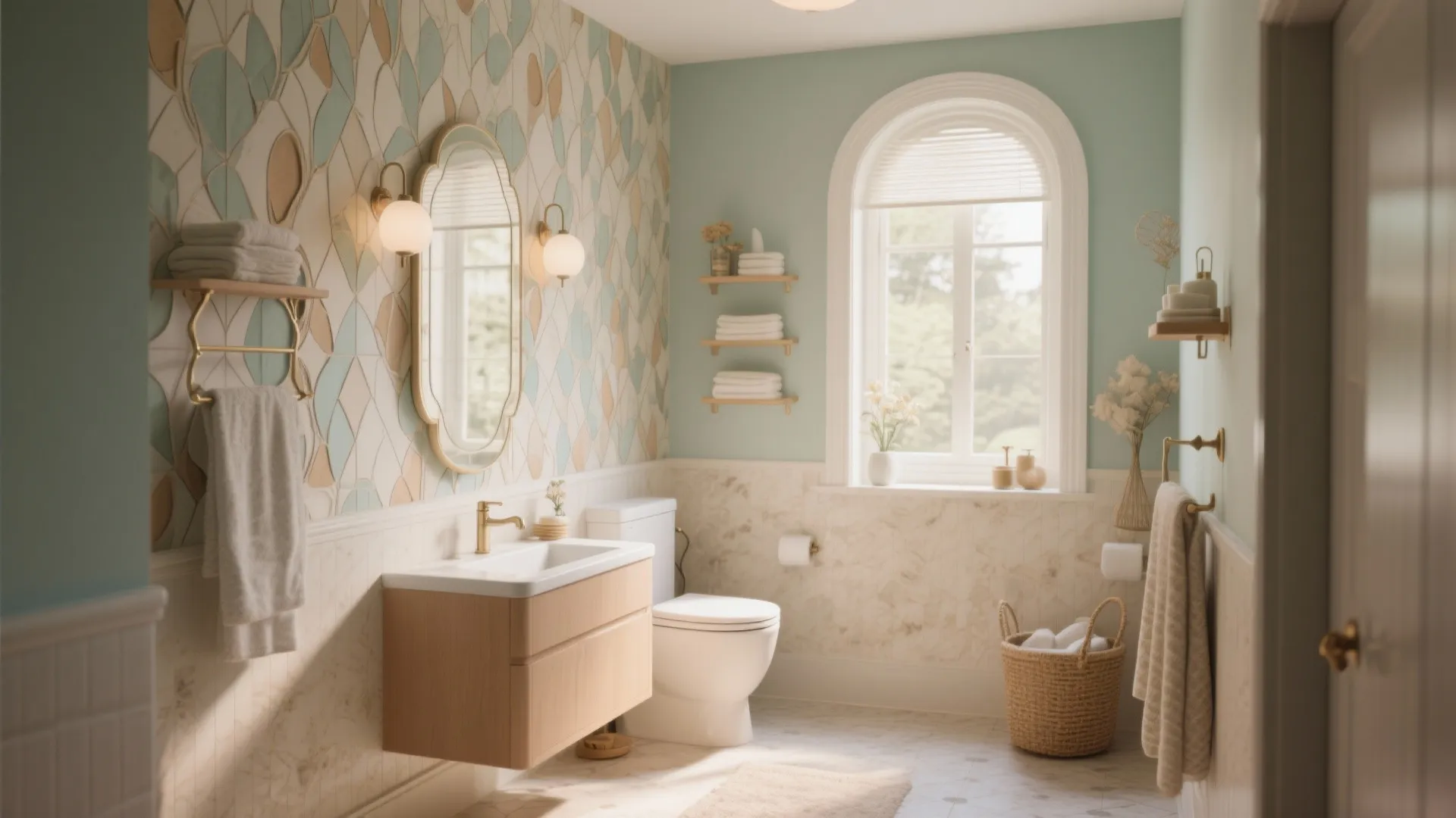 Elegant bathroom with patterned wallpaper green walls arched window wooden cabinet and a white toilet