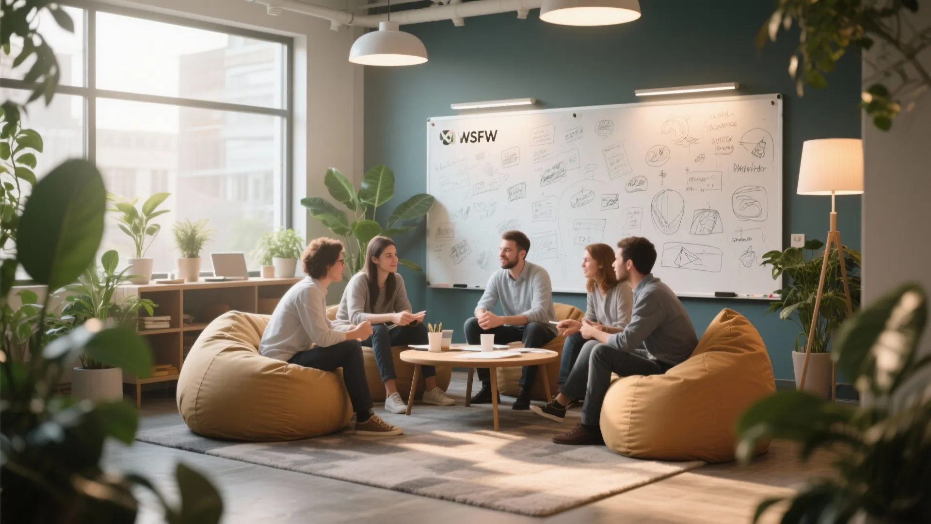 Five people sitting on yellow bean bags in creative office space with a large whiteboard