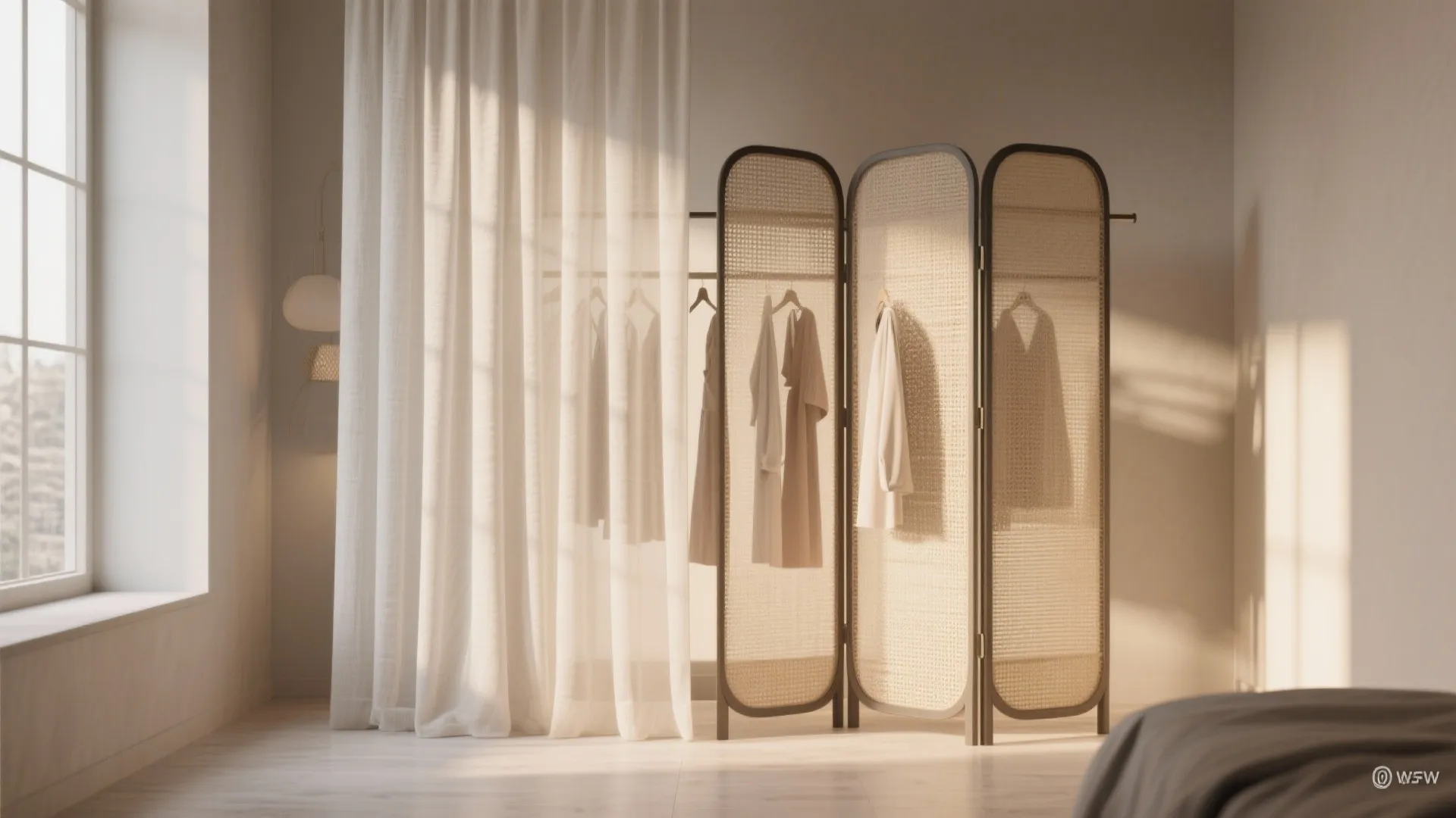 Minimalist bedroom featuring a white curtain folding room divider clothes rack and soft natural light