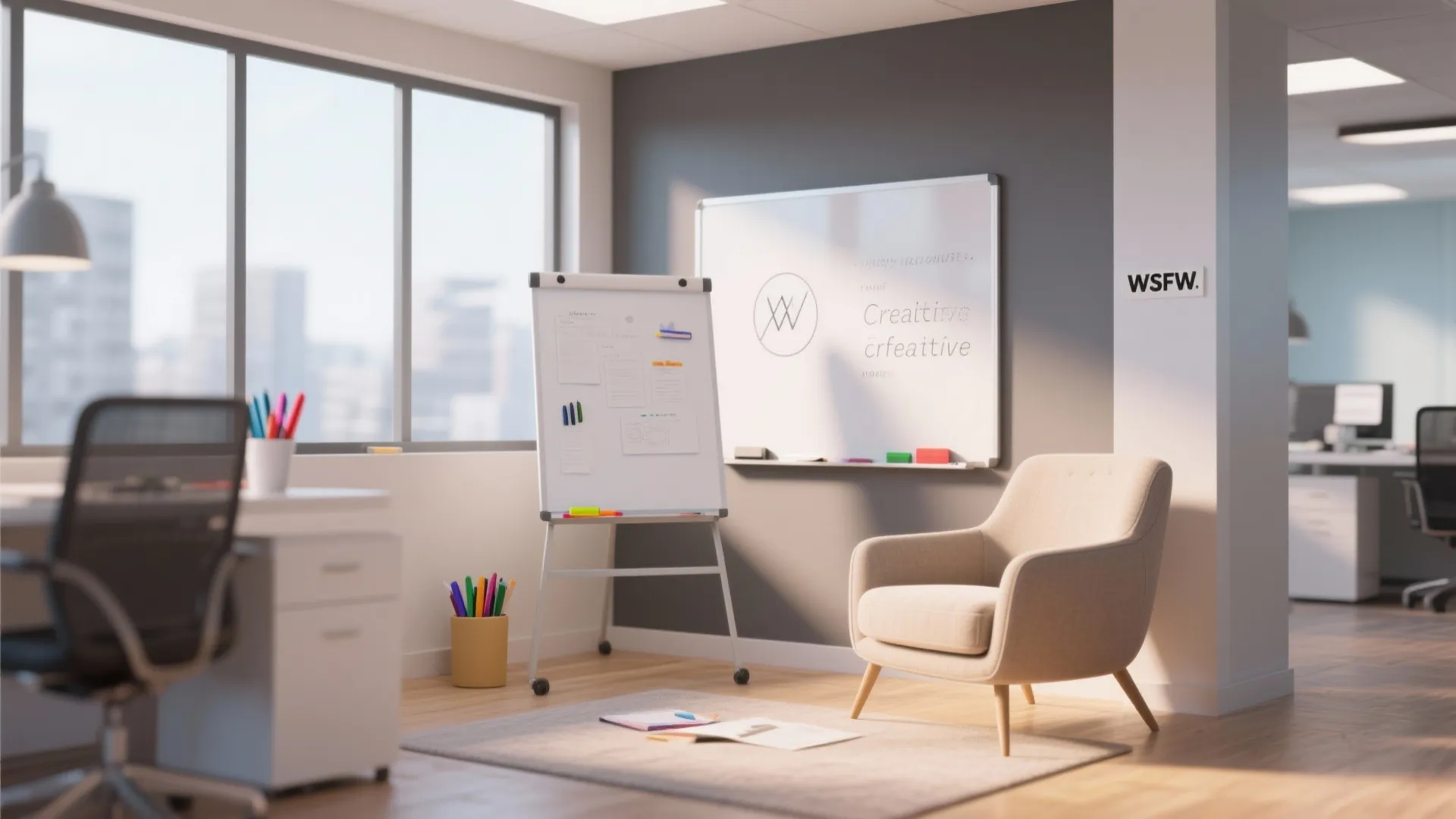 Office corner with whiteboard, markers, and comfy chair
