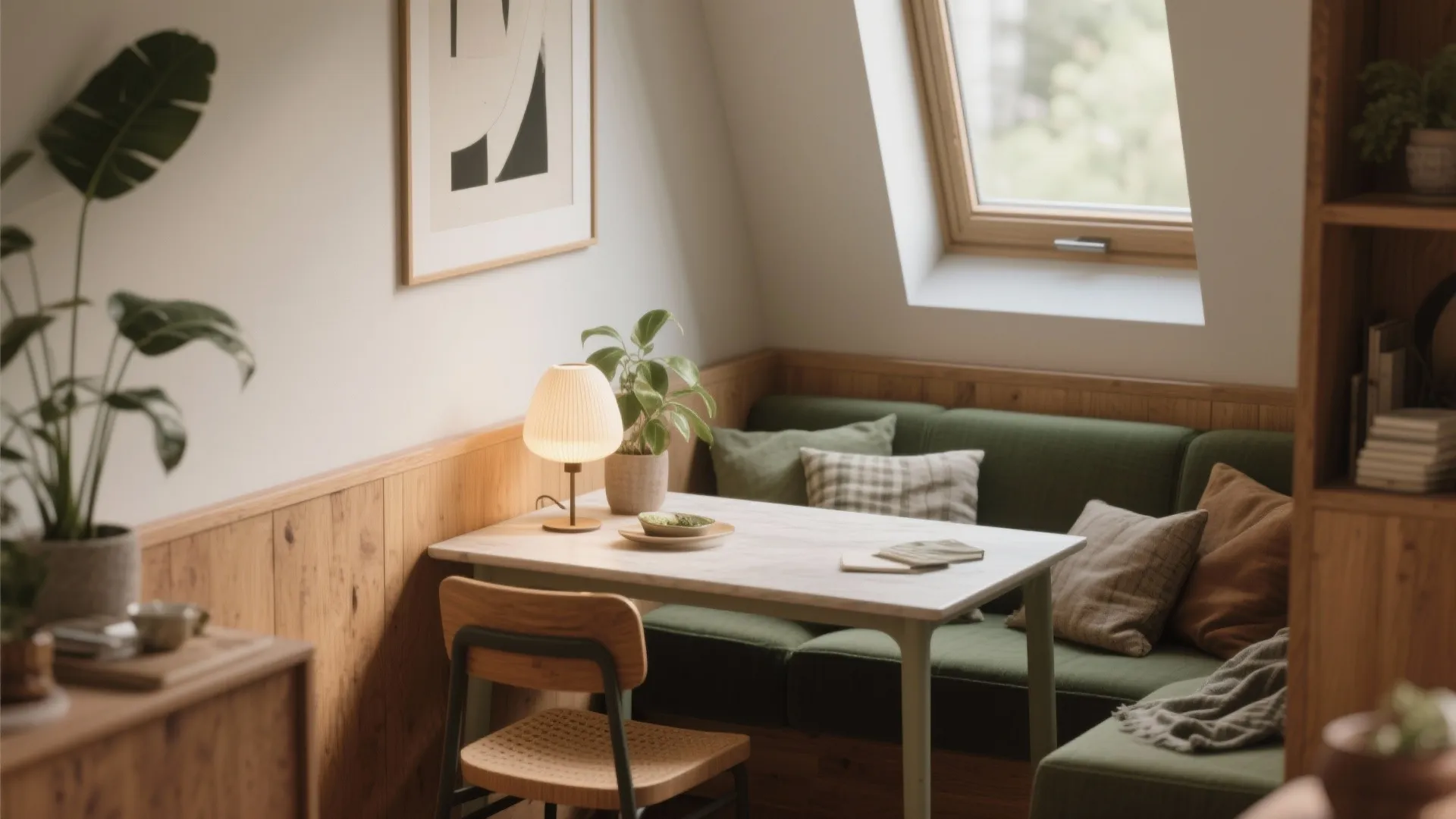 Curated small dining corner with a minimalist table, statement light, plant, and warm textiles illustrating creative constraint.