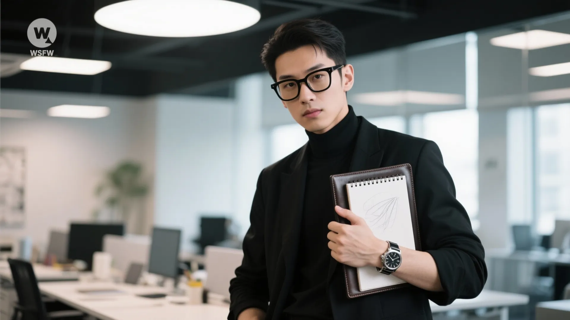 Creative director-style outfit in an office with sketchbook