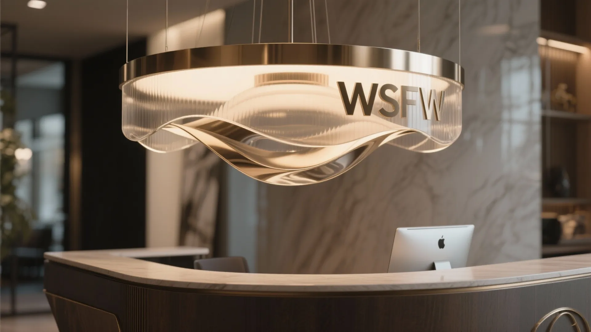 Sculptural pendant fixture used as a brand statement above a reception desk.