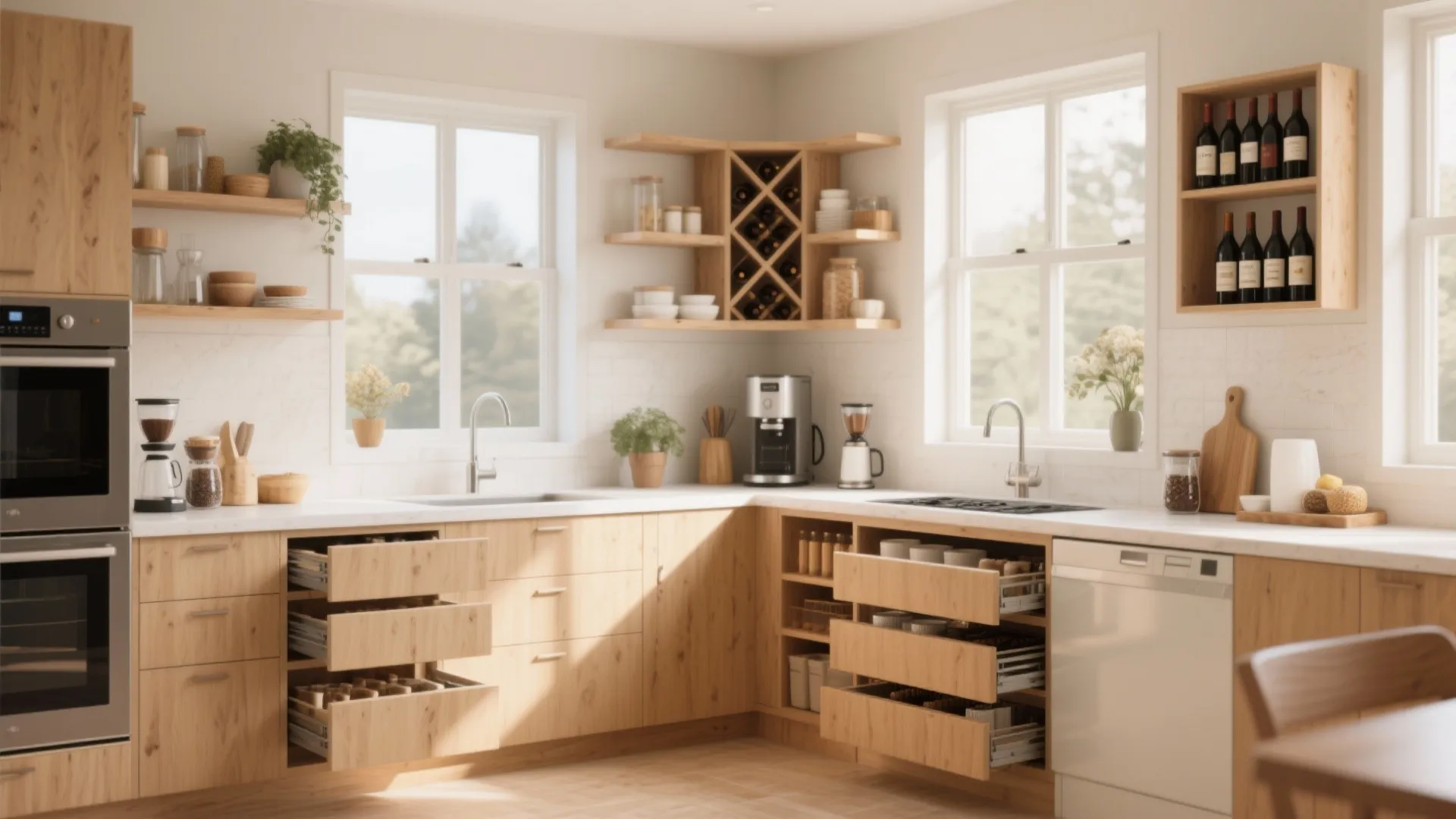 Modern wood kitchen with open drawers showing storage solutions near white windows and wine racks
