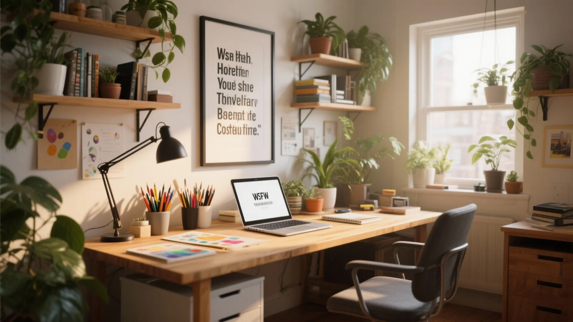 Bright home office featuring wooden desk with laptop black desk lamp wall shelves and plants