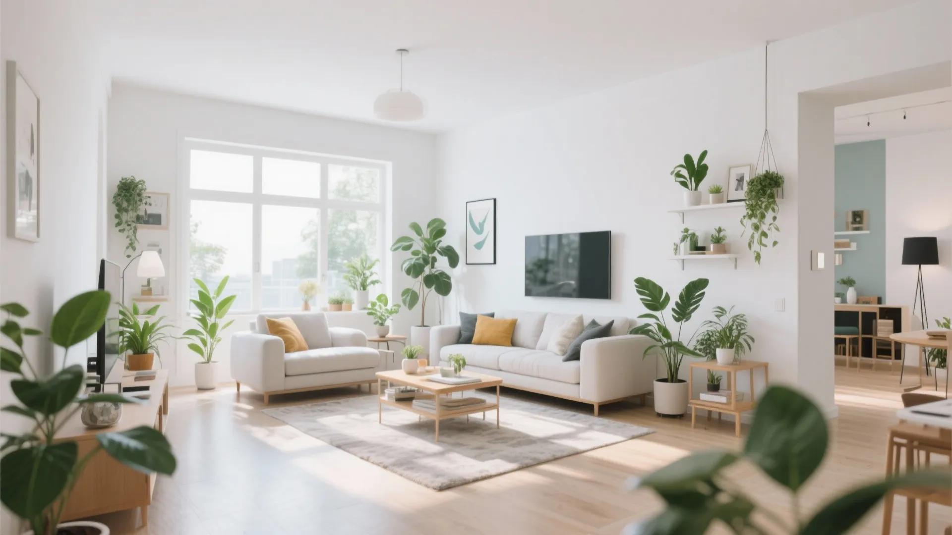Spacious white living room with two sofas wooden coffee table wall mounted television and indoor plants