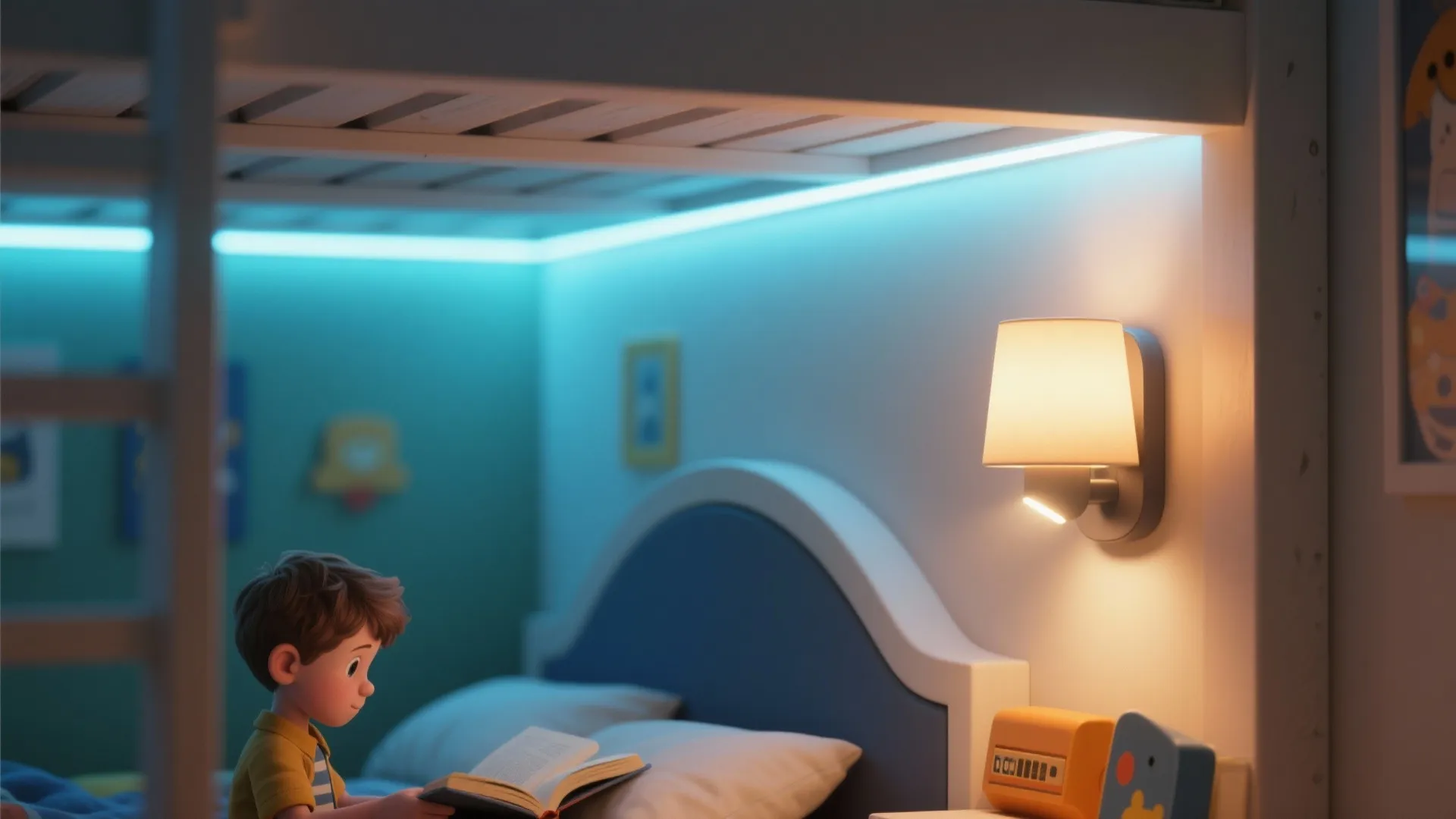 Child reading a book in bed with warm wall light and blue neon ceiling light