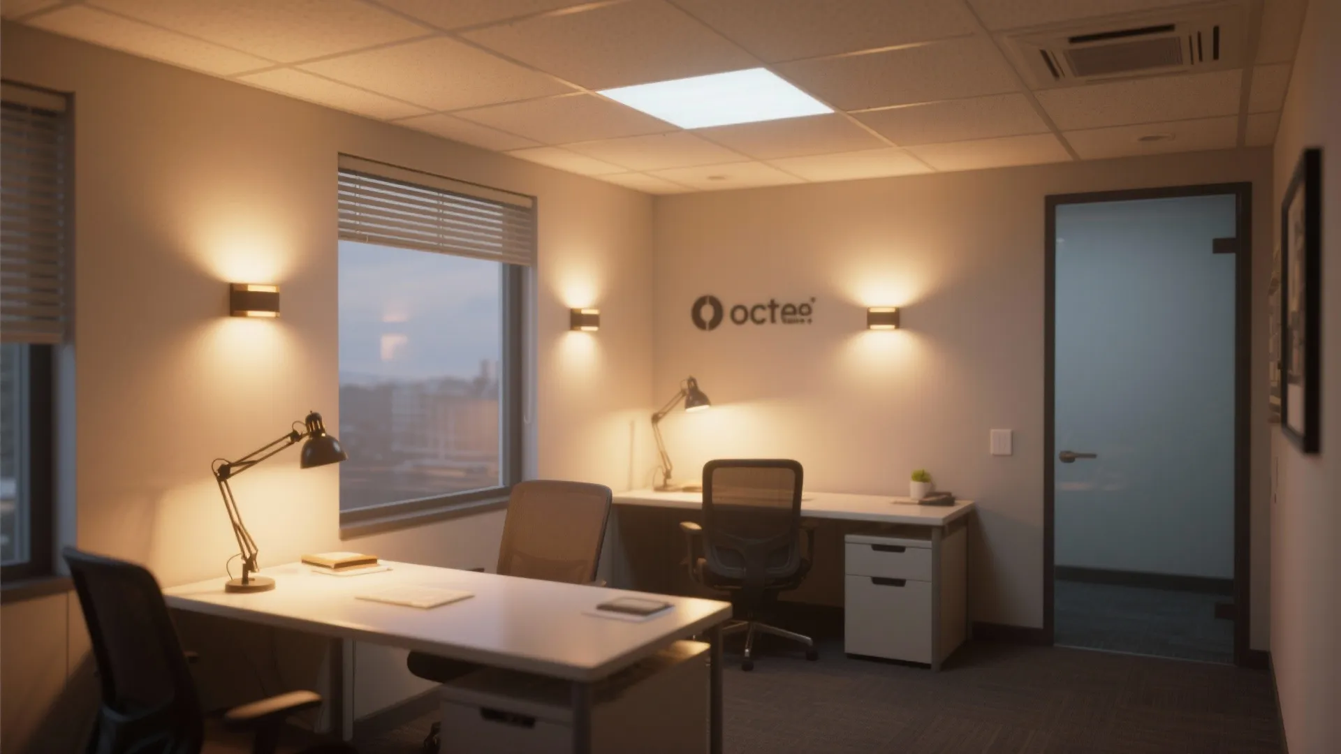 Modern office interior with two white desks and black chairs with warm wall light fixtures