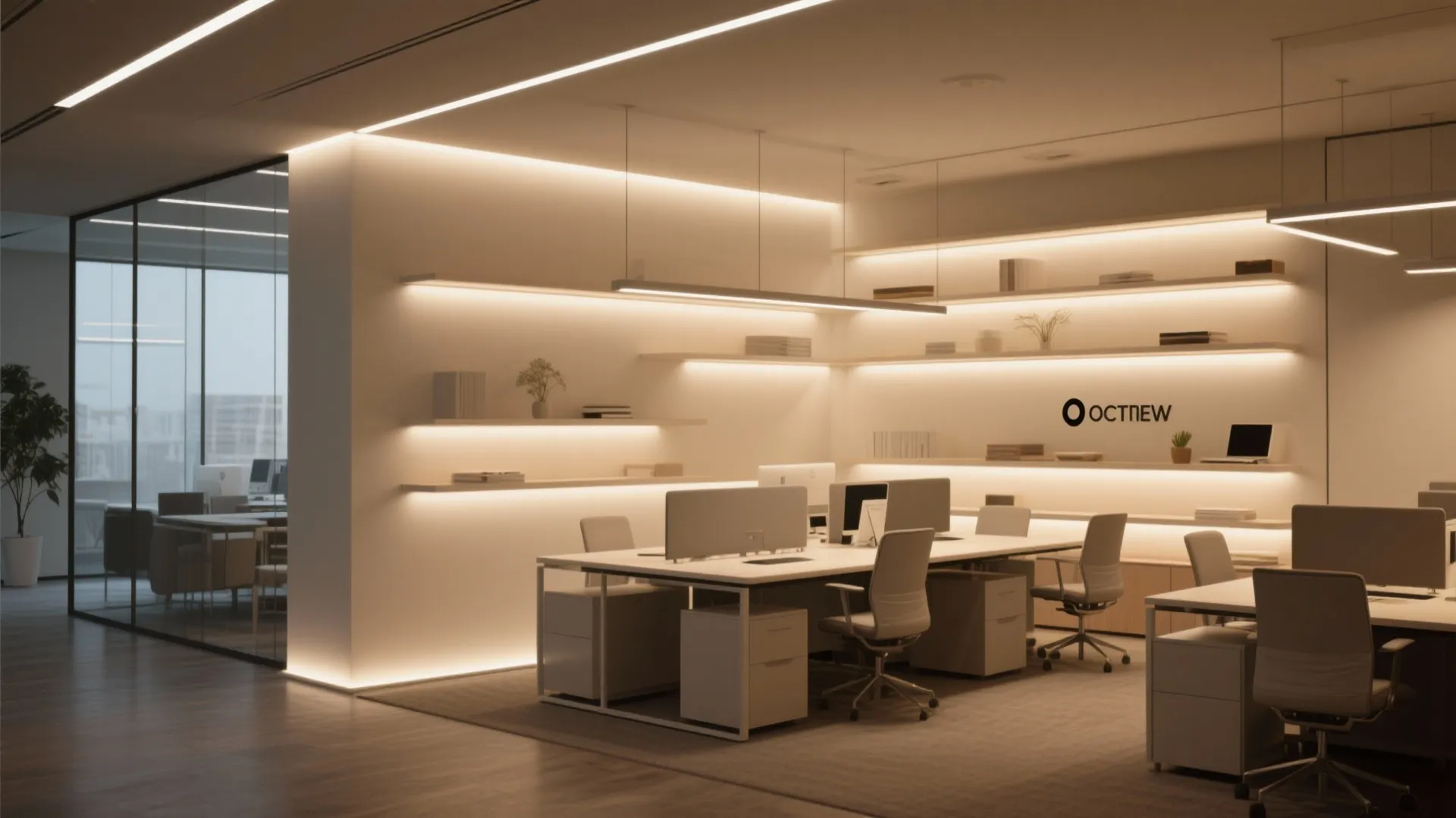 Modern office with white desks chairs and many wall shelves with warm yellow light fixtures