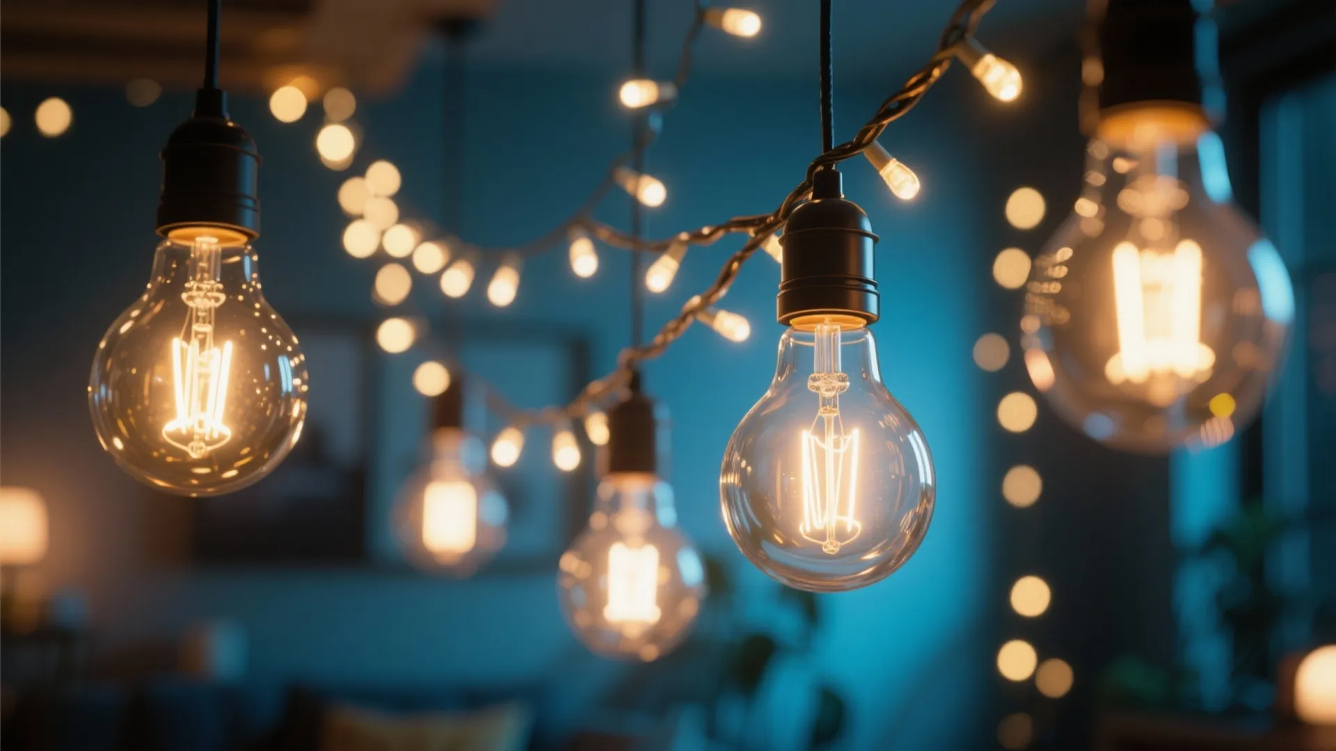 Warm string light bulbs and hanging light fixtures glowing in a cozy blue room interior