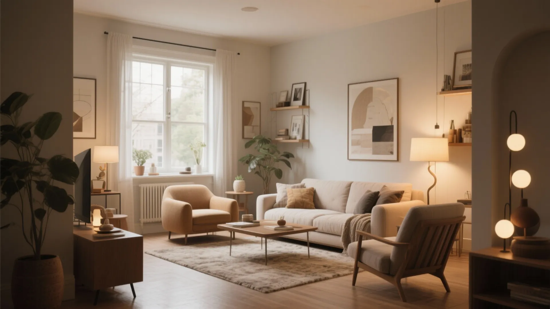 Warm living room with beige sofa yellow armchair wooden table wall art and green plants