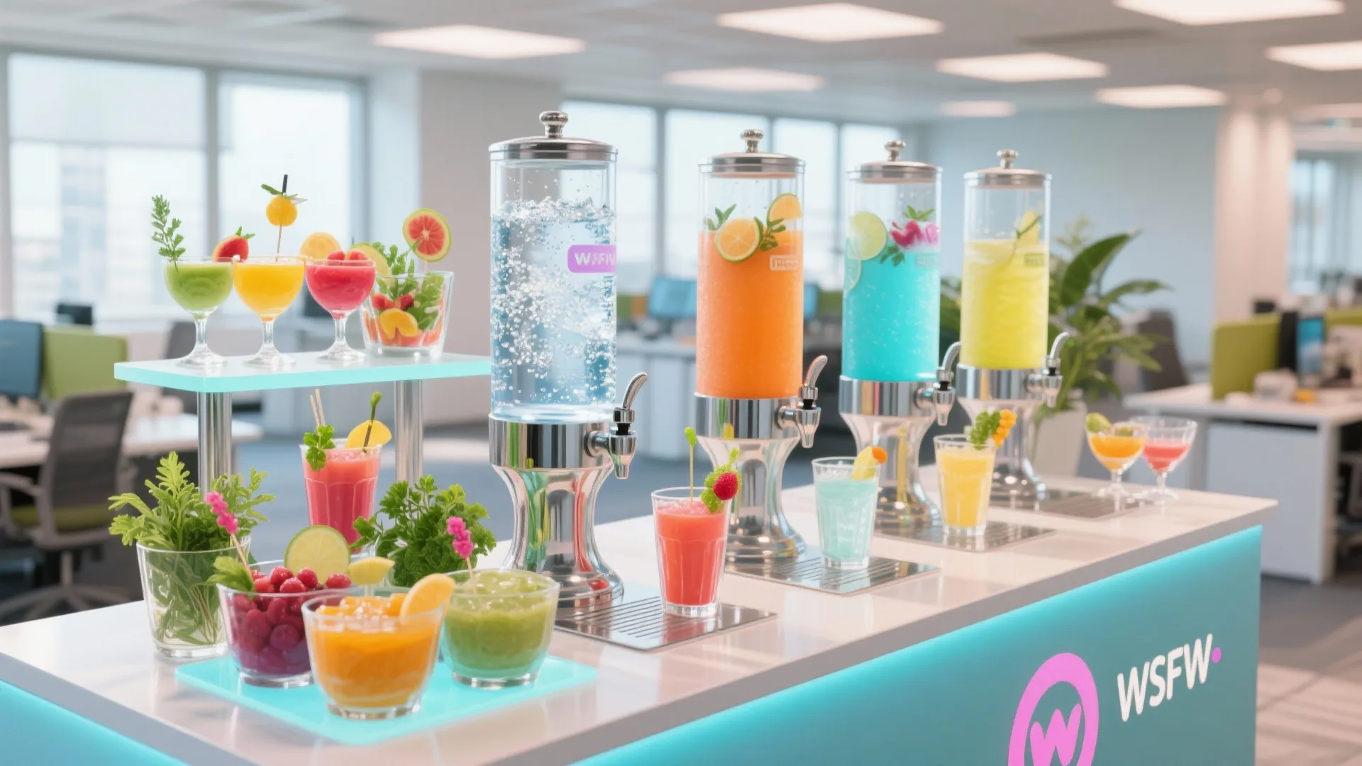 Colorful drinks in glass dispensers and small glasses on a white counter in modern office