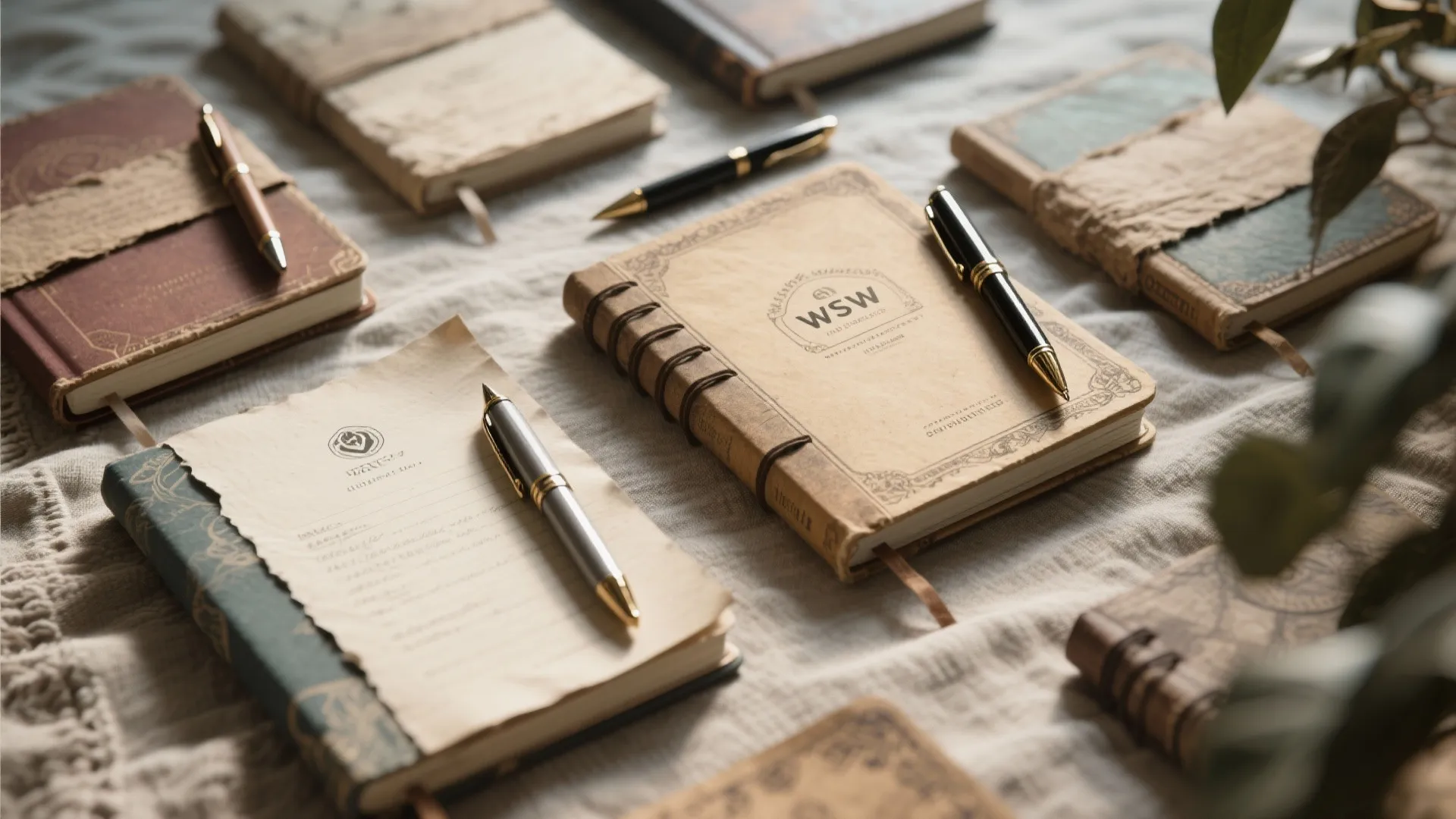 Vintage leather notebooks and pens on a textured cloth surface for creative workspace desk design