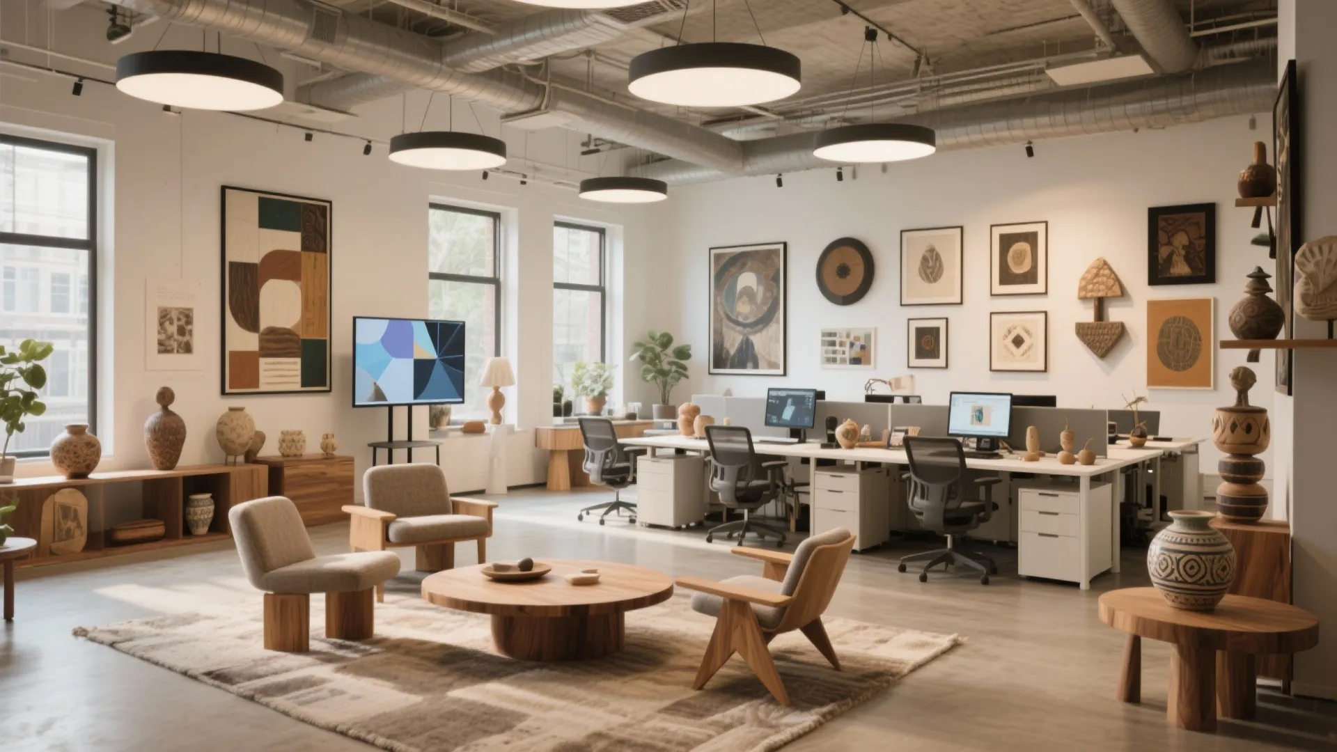 Large open office space with wooden desks chairs round coffee table and colorful wall art