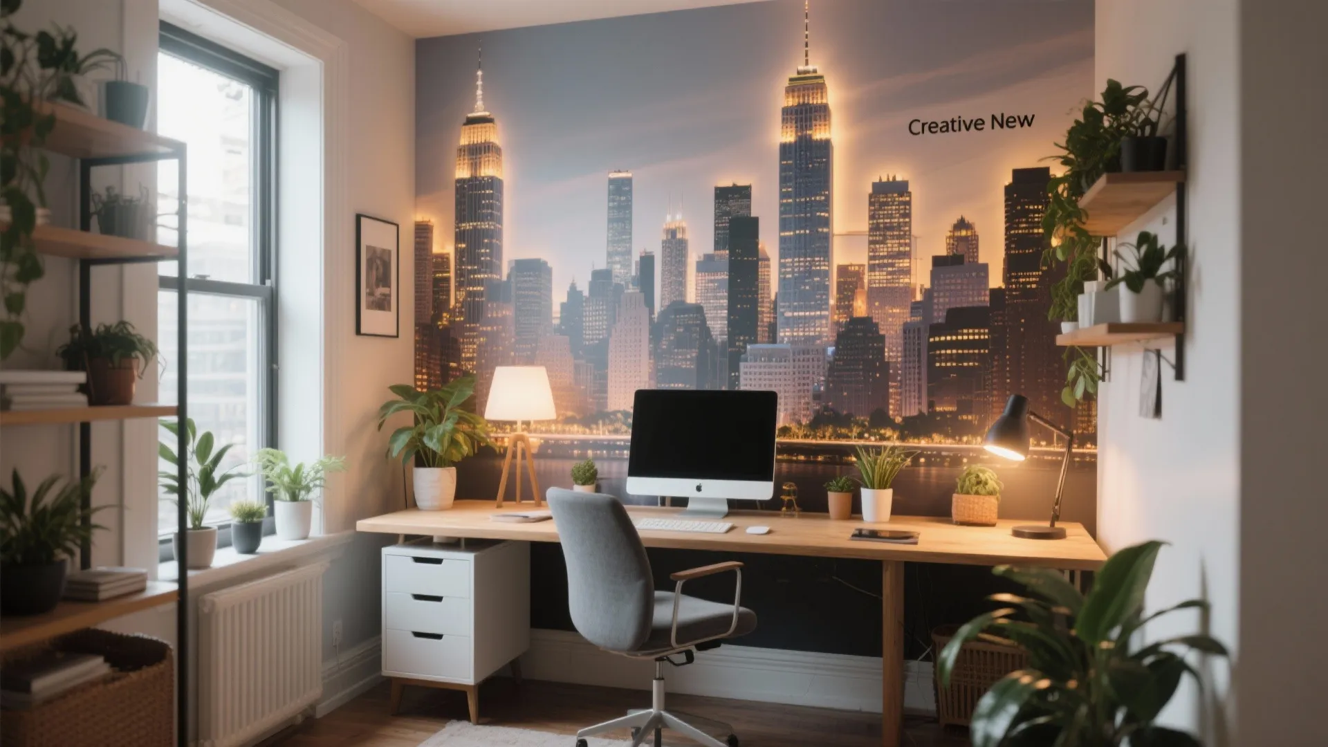 Modern home office featuring a large city skyline wall mural wooden desk and grey chair