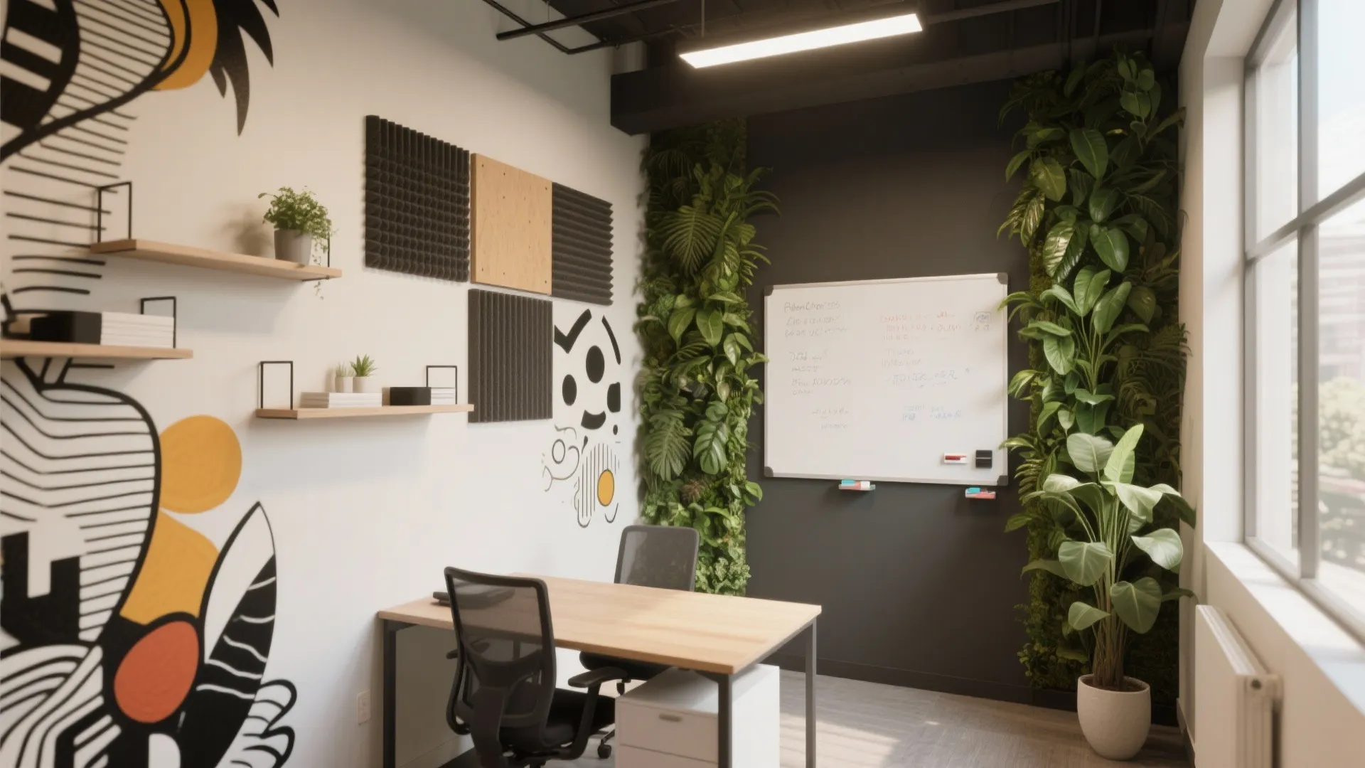 Modern office workspace featuring wooden desk black chairs whiteboard vertical green plants and creative art