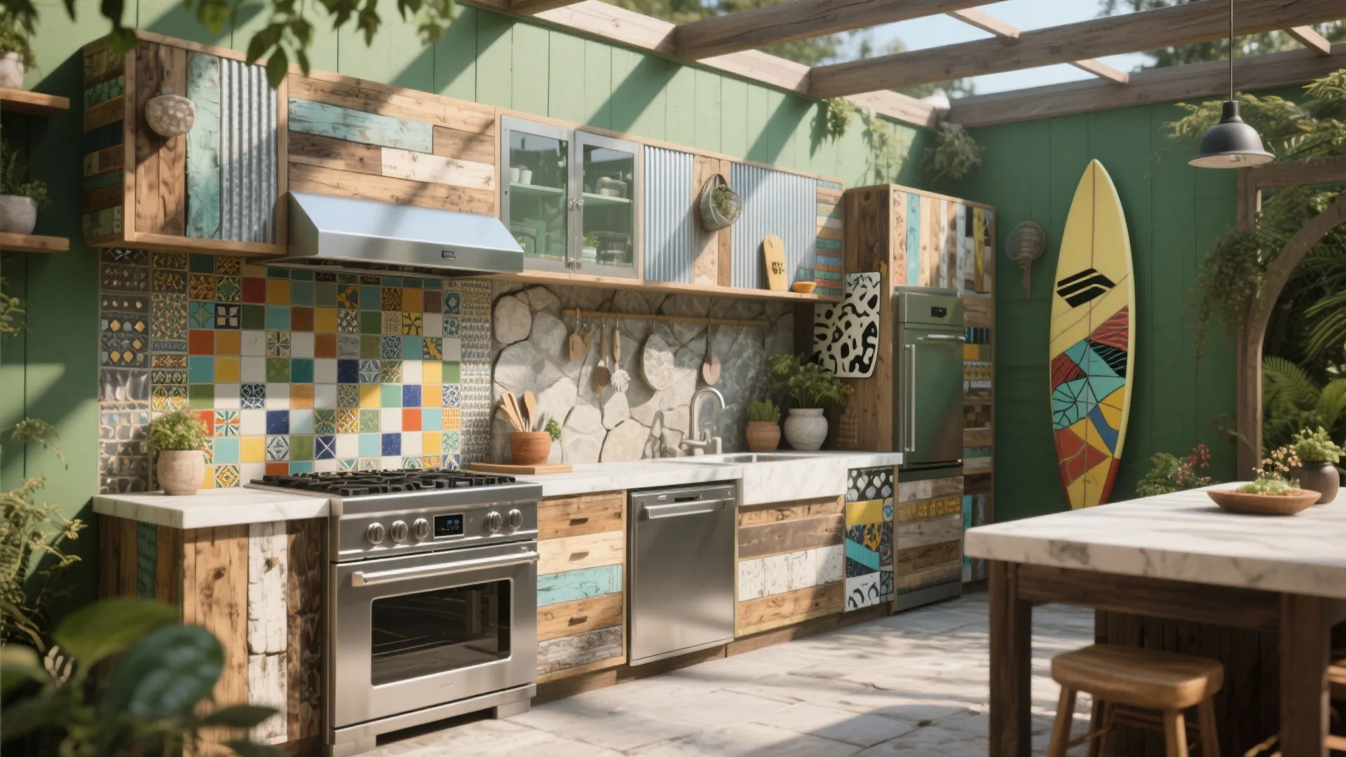 Outdoor kitchen with green walls colorful tiles wood cabinets stainless steel stove and a surfboard