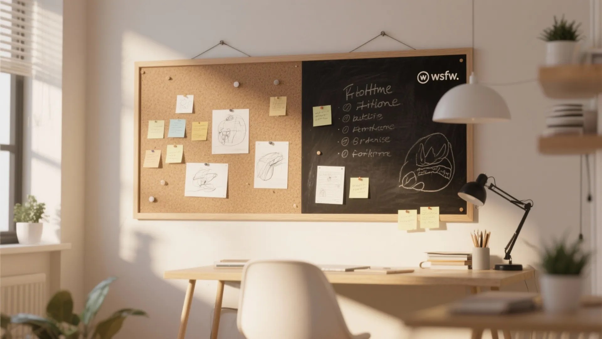 Wall mounted wooden frame pinboard and blackboard above a desk with sketches and sticky notes