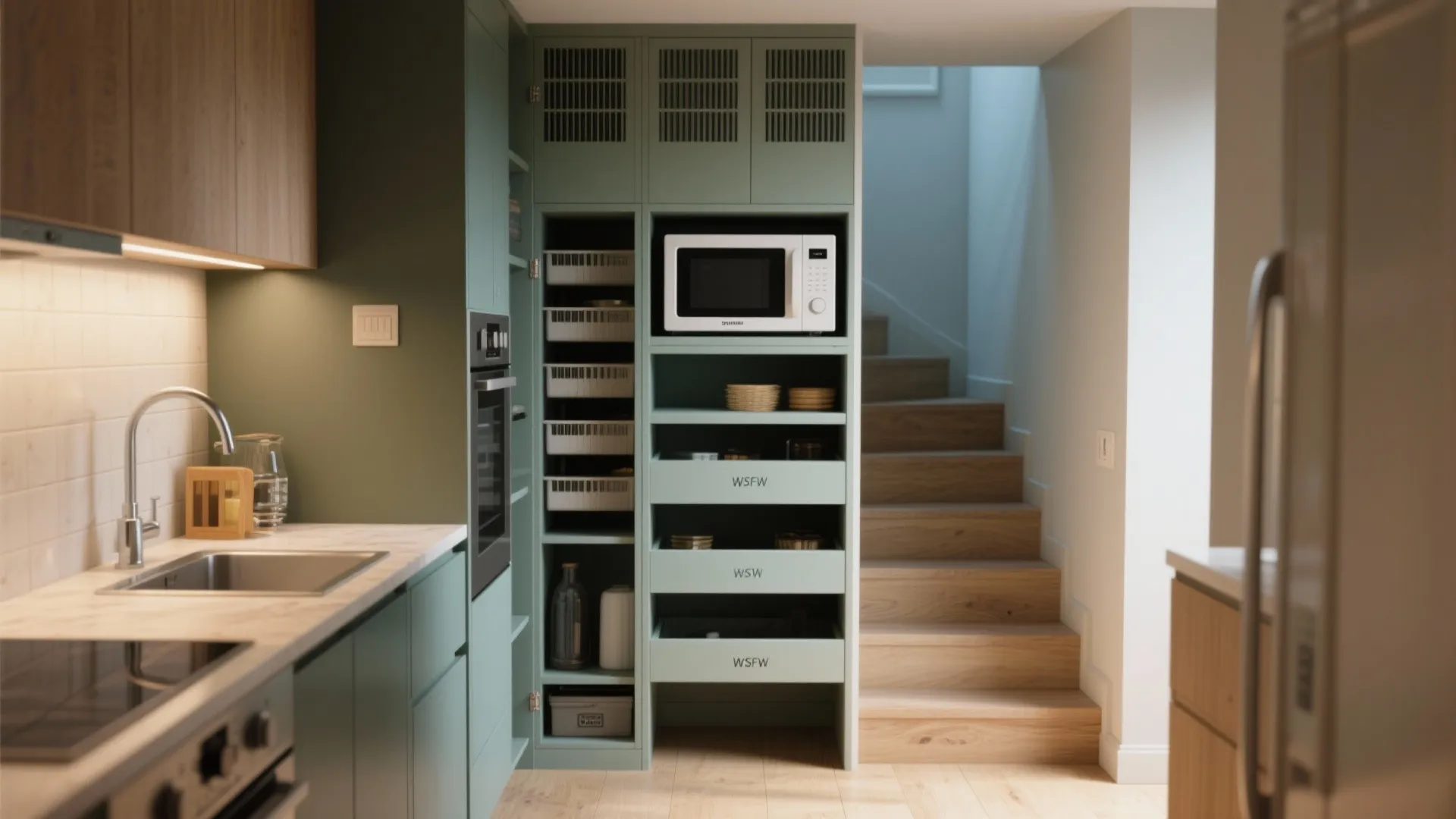 Sage green kitchen cabinet with a microwave and drawers next to a modern wooden staircase