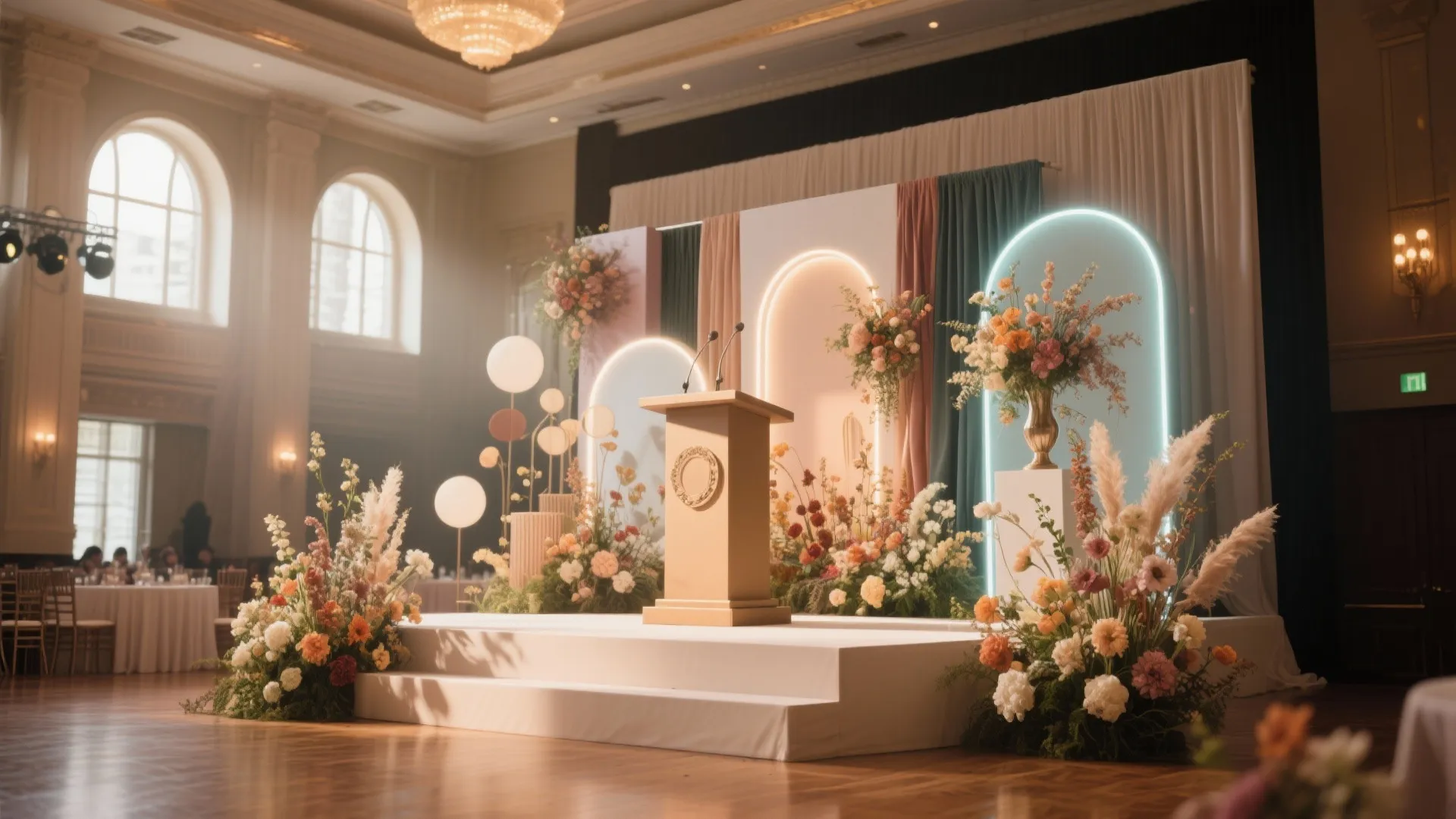 Elegant event stage with wooden podium colorful flower arrangements neon arches and white curtains backdrop
