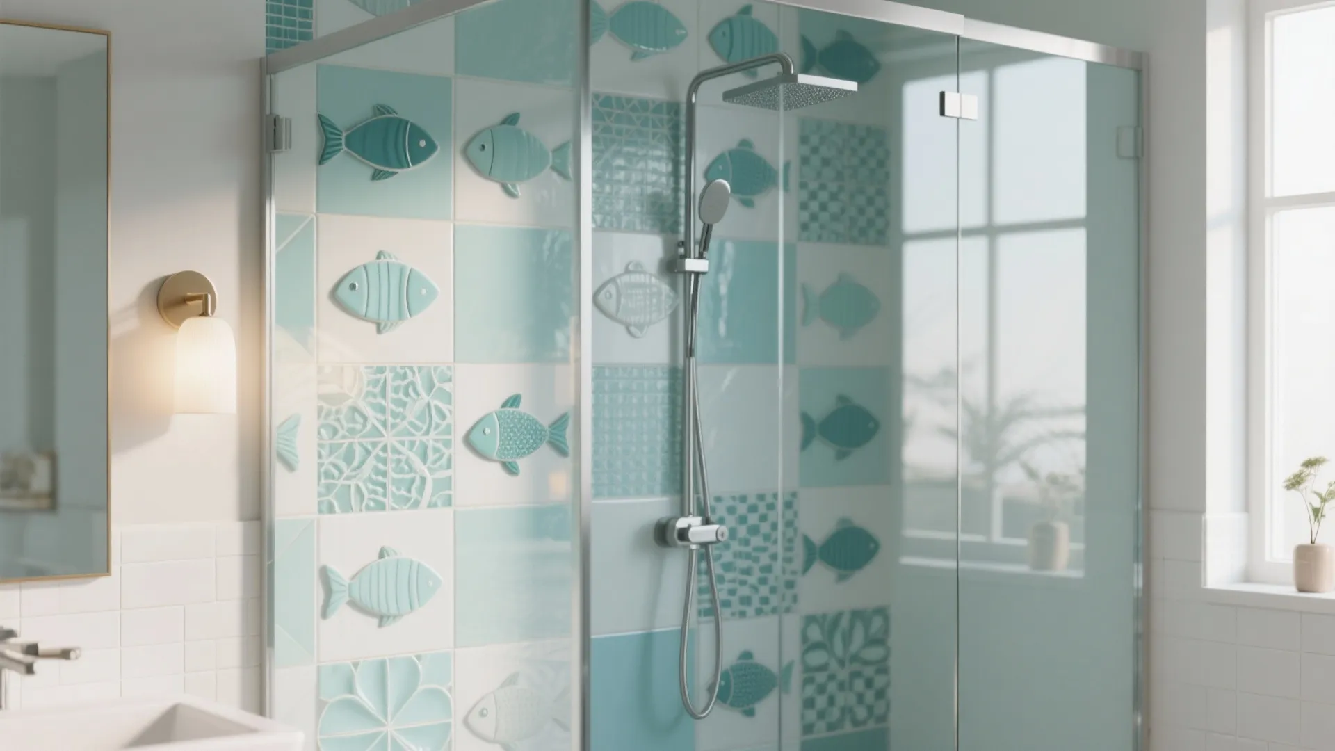 Bright bathroom with blue fish pattern wall tiles glass shower enclosure and warm wall light fixture