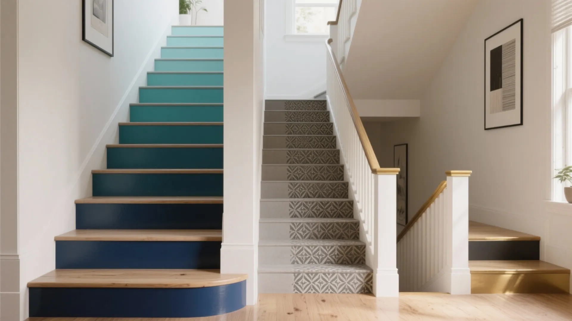 Interior design showing different staircase styles with blue paint and patterned grey tiles for inspiration