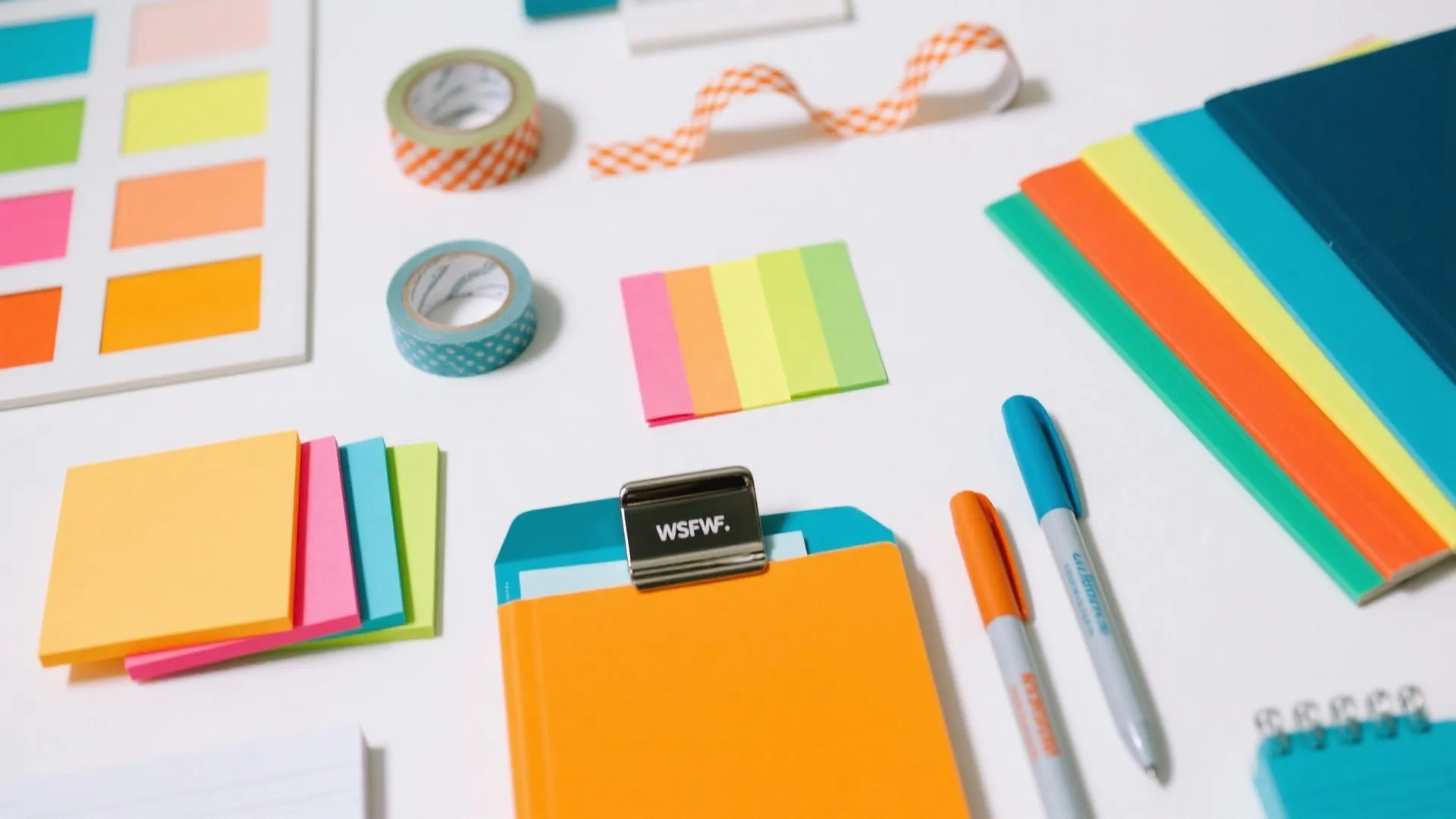 Colorful office supplies including sticky notes, tape, pens, and notebooks on a clean white desk