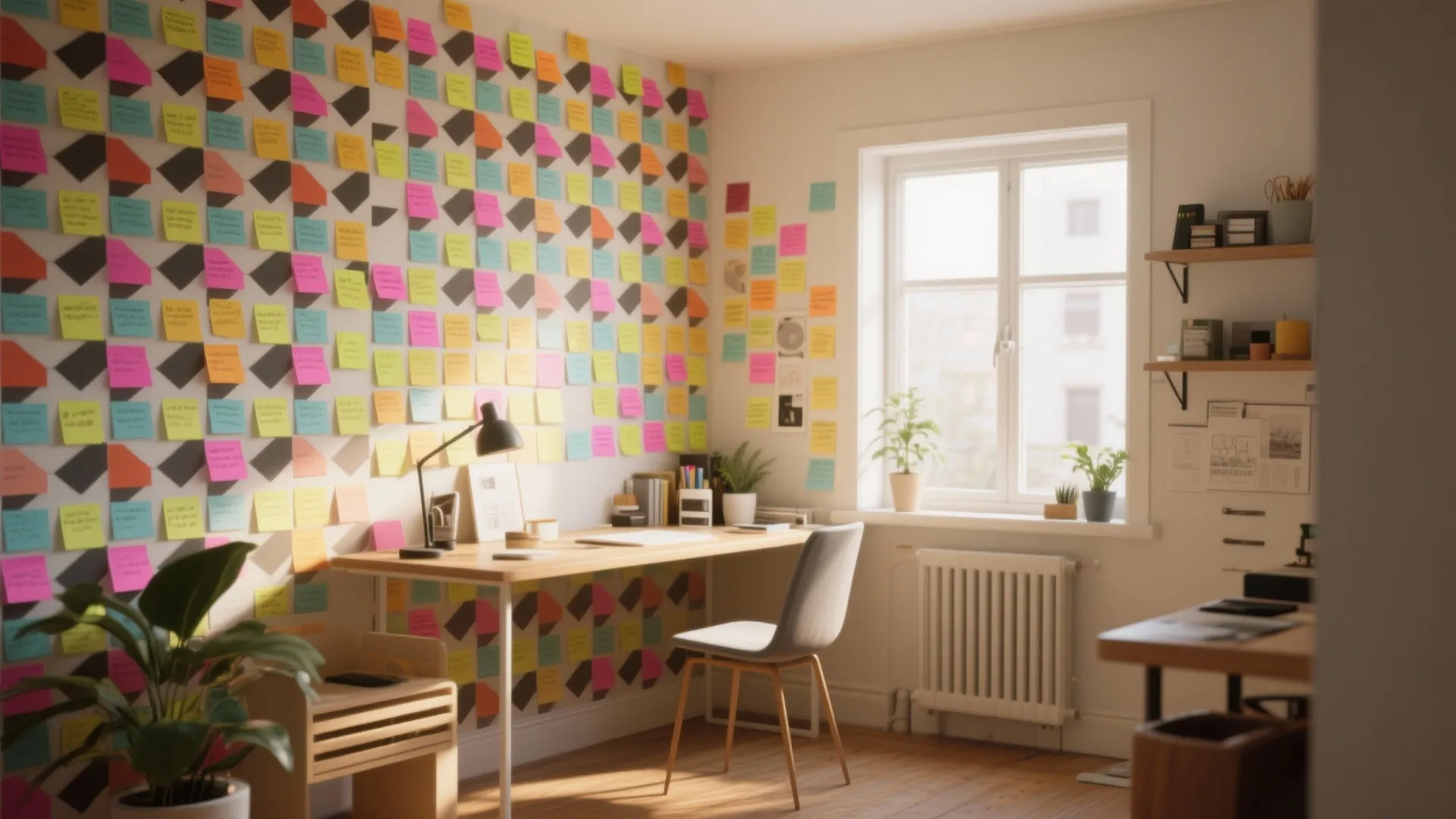 Modern home office with many colorful sticky notes on wall and simple wooden work desk