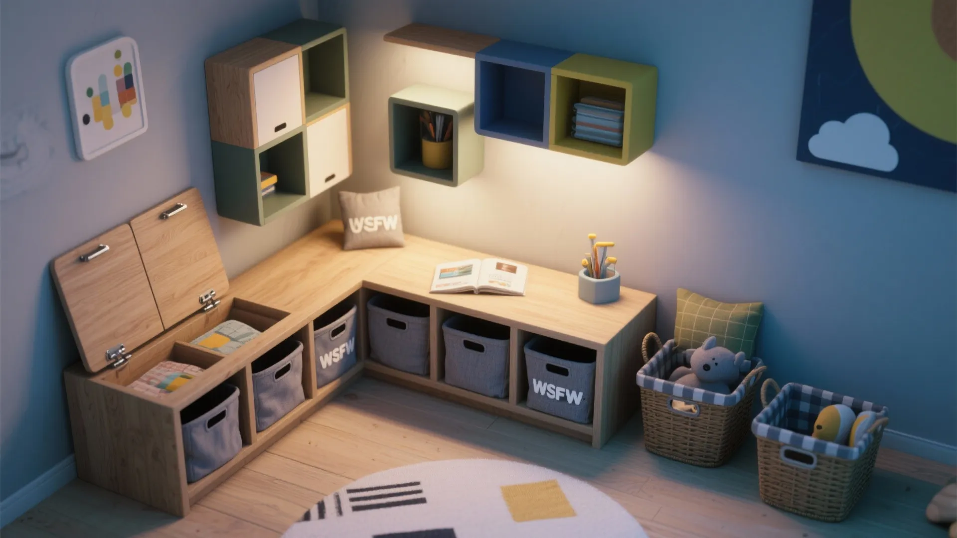 Corner wooden storage bench with grey fabric bins and wall shelves in a kids room