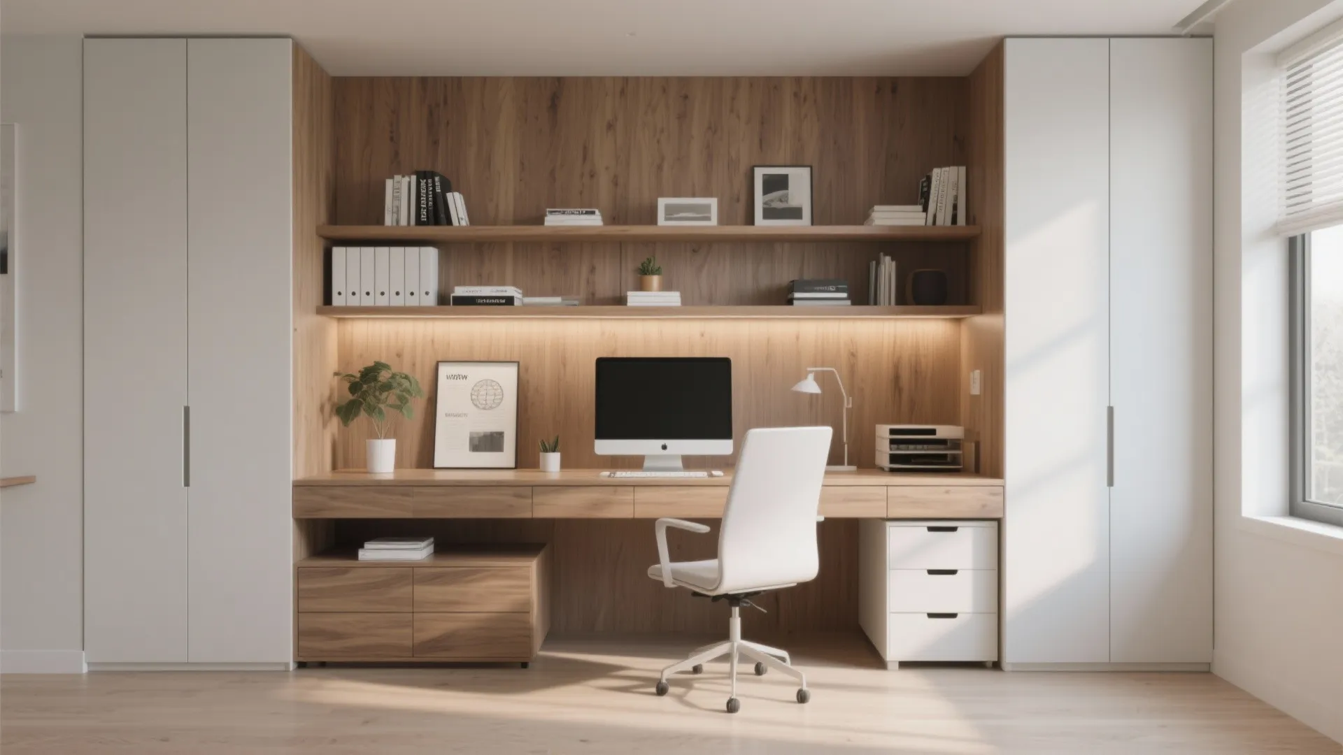 Modern home office with wooden wall shelves white cabinets long desk computer and white chair