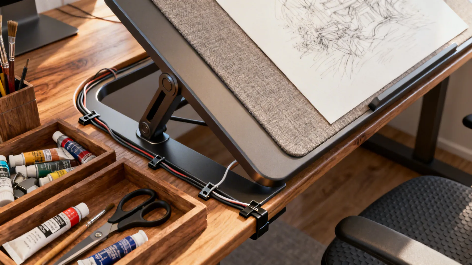Close-up of an L-shaped desk return used as a standing creative station with sketchpad and organized supplies.