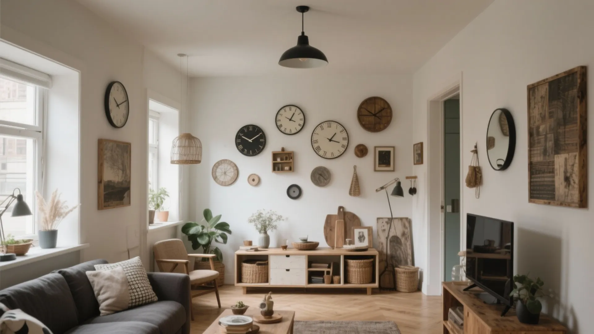 Living room with many different wall clocks hanging on a white wall above a wooden cabinet