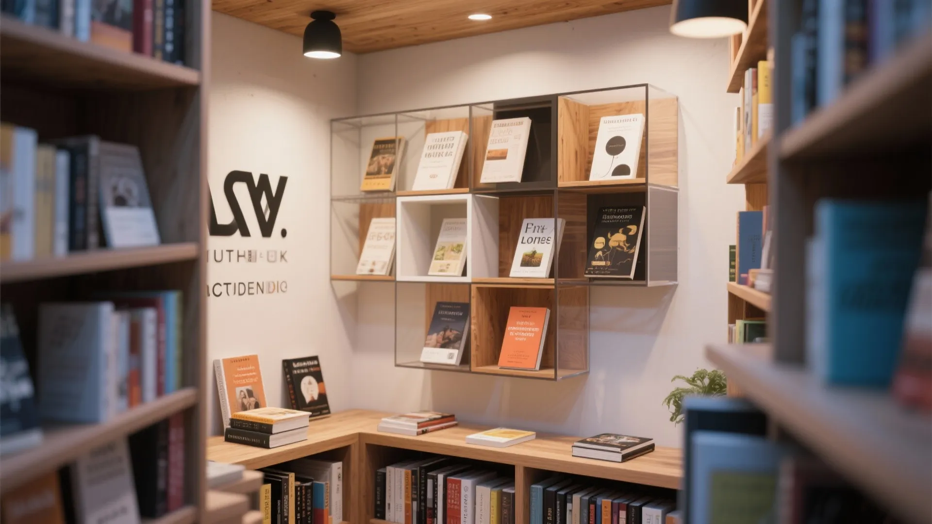 Modern bookstore corner featuring wooden wall shelves and glass display boxes filled with various books