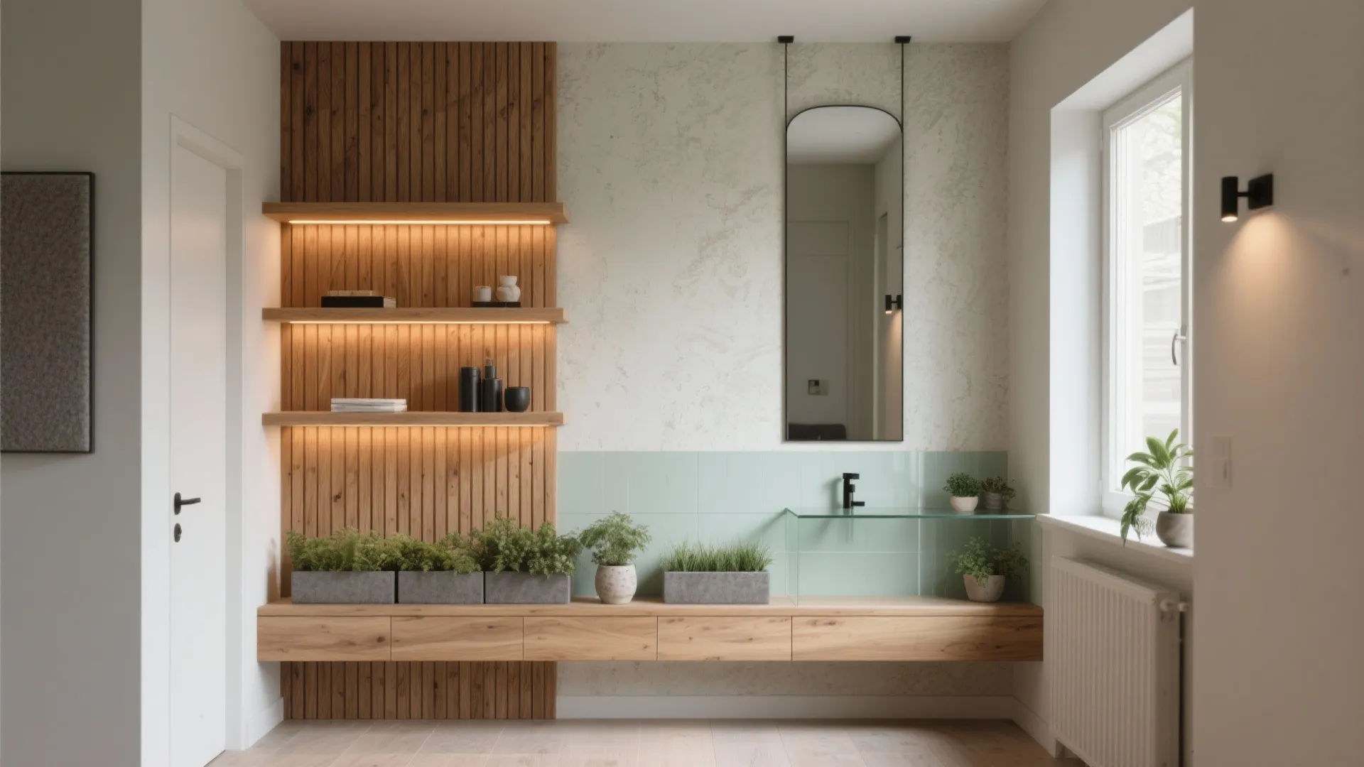 Modern bathroom with wood wall panels and lighted shelves next to a tall black mirror
