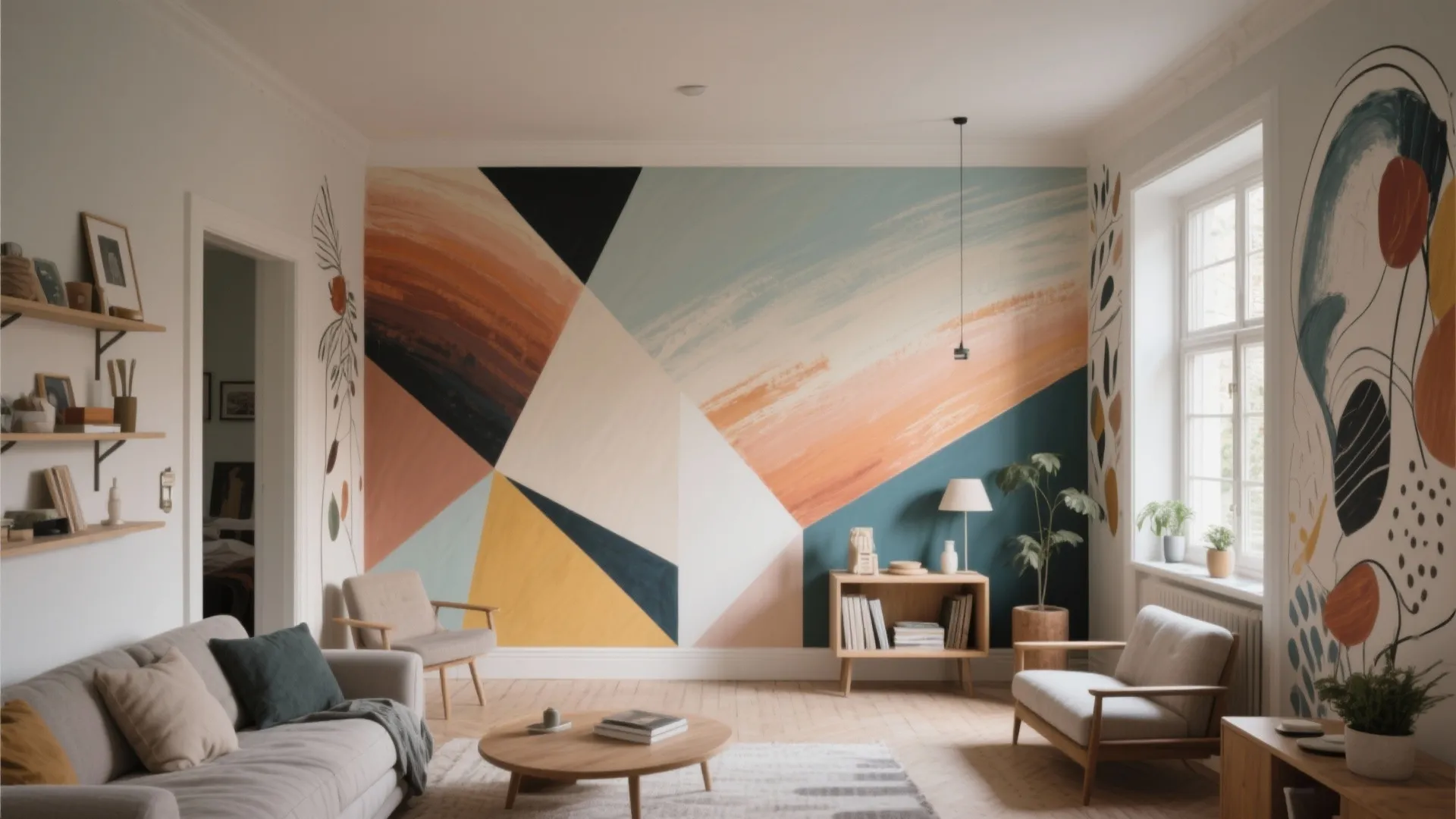 Living room with colorful geometric wall mural, grey sofa, wooden coffee table and natural light