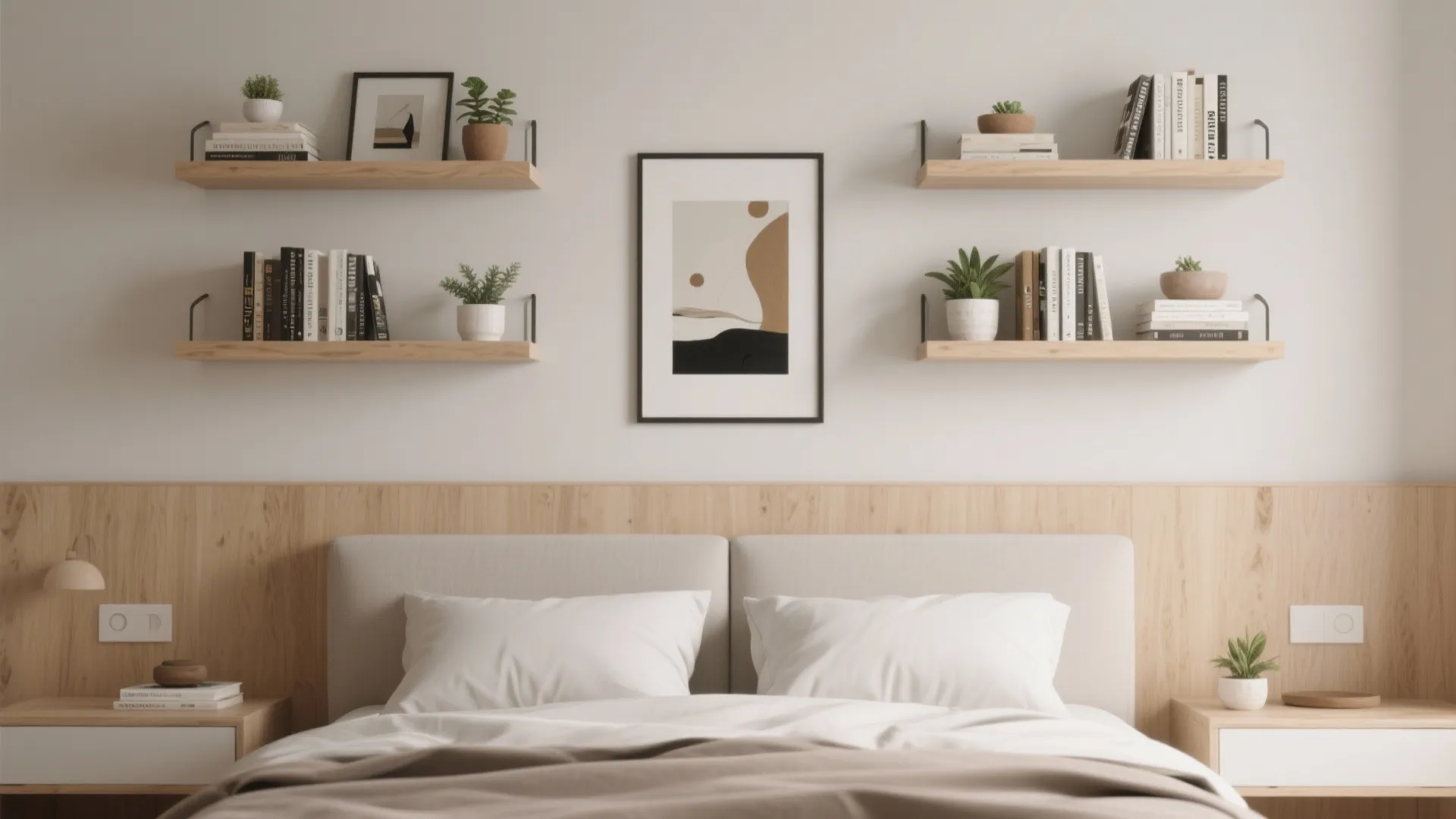 Minimalist bedroom wall featuring four wooden shelves with books plants and a central framed artwork