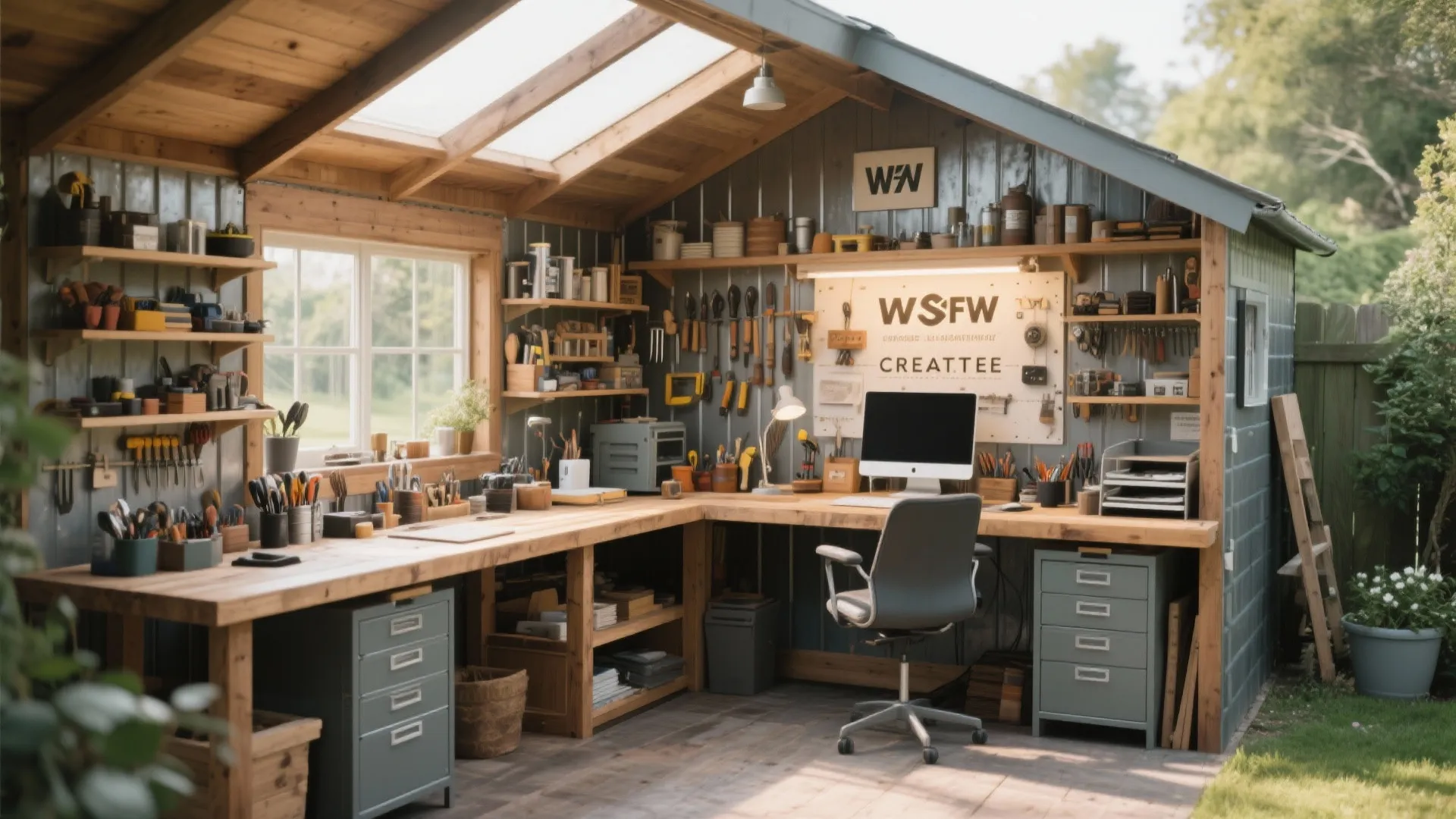 Creative shed office with workbench and desk
