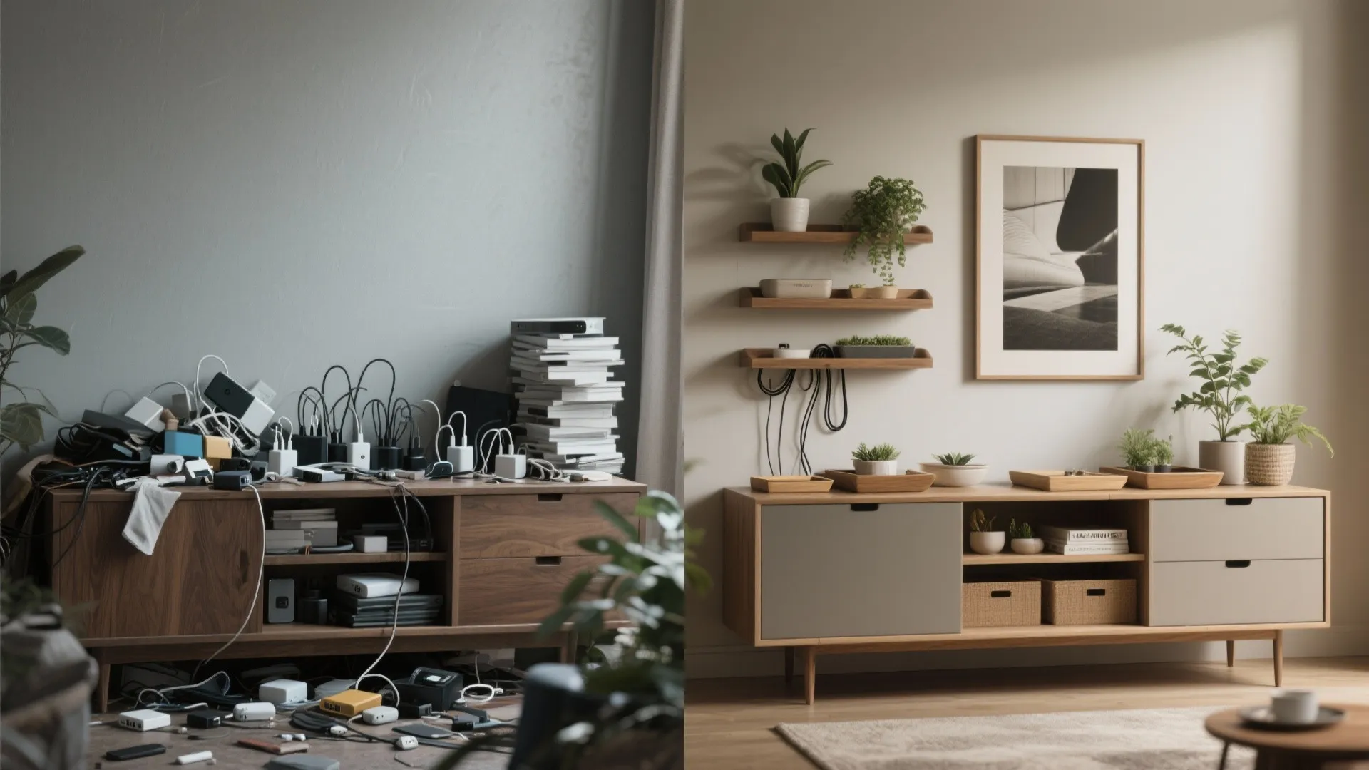 Before and after comparison of a messy cabinet with tangled wires versus a clean organized space