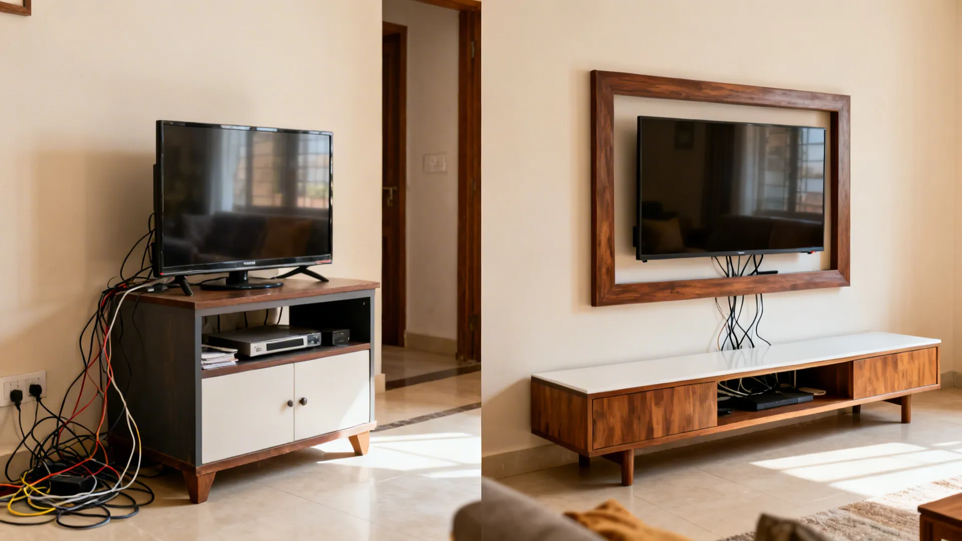 Before-and-after showing a cluttered TV wall replaced by a slim low credenza and wall-mounted frame TV.