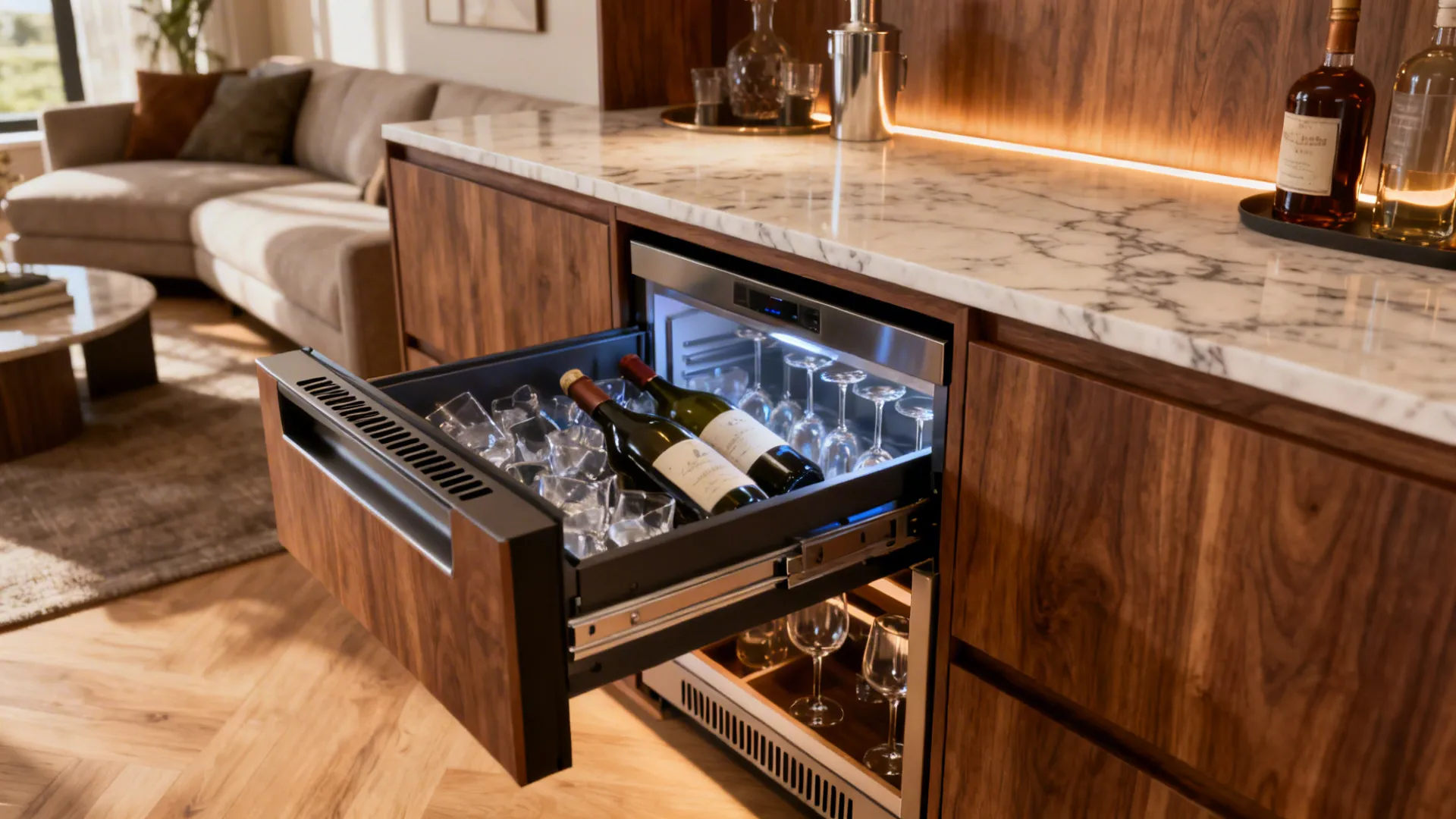 Convertible credenza with an integrated cooling drawer and bar storage