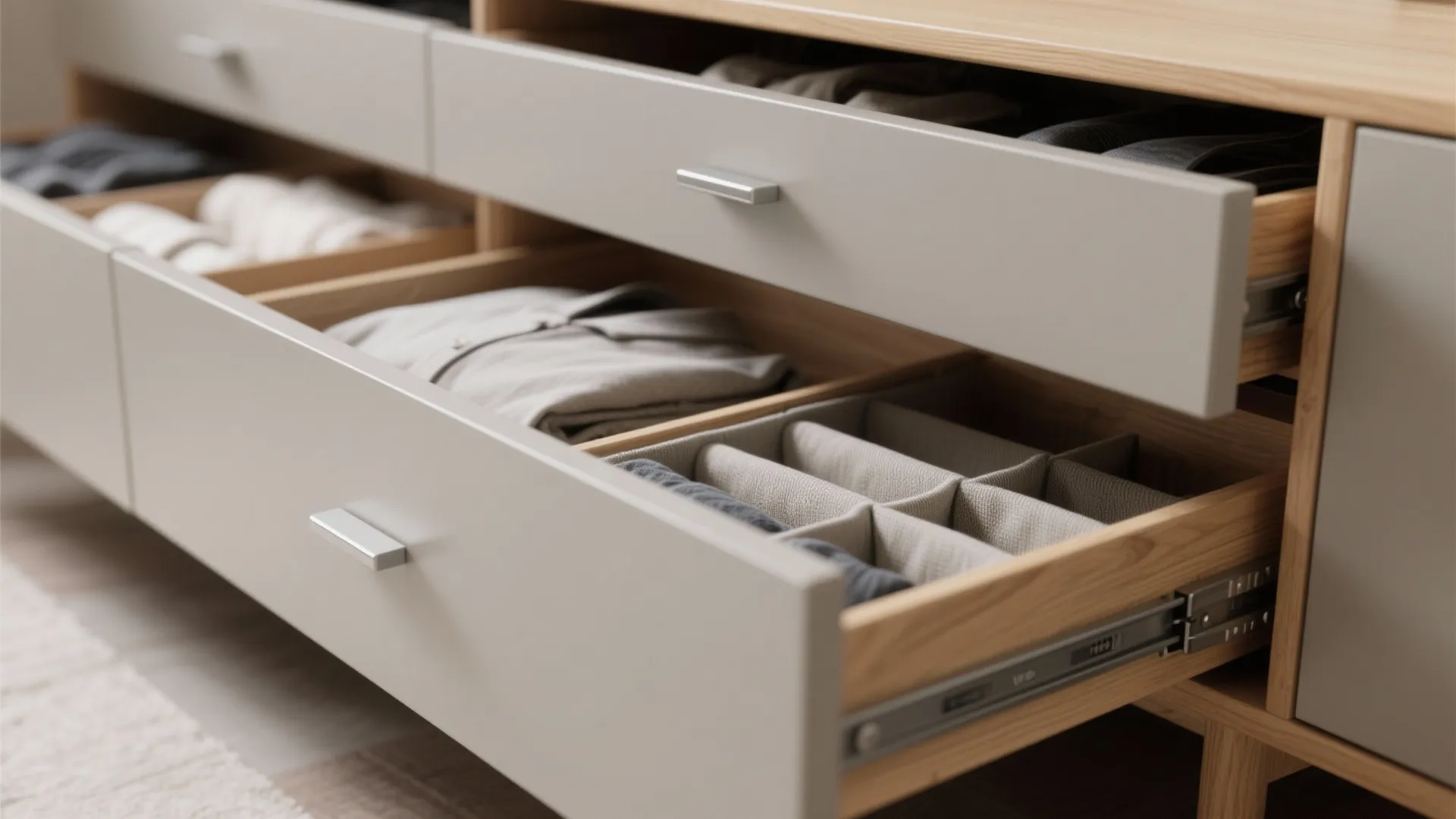 Close-up of a credenza drawer showing sturdy runners, matte finish, and organized dividers.