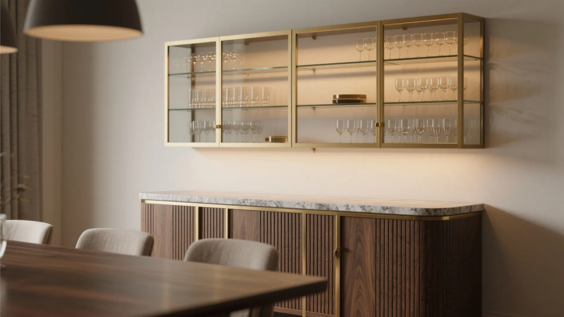 2) Credenza Bar + Glass Hutch for Display and Storage