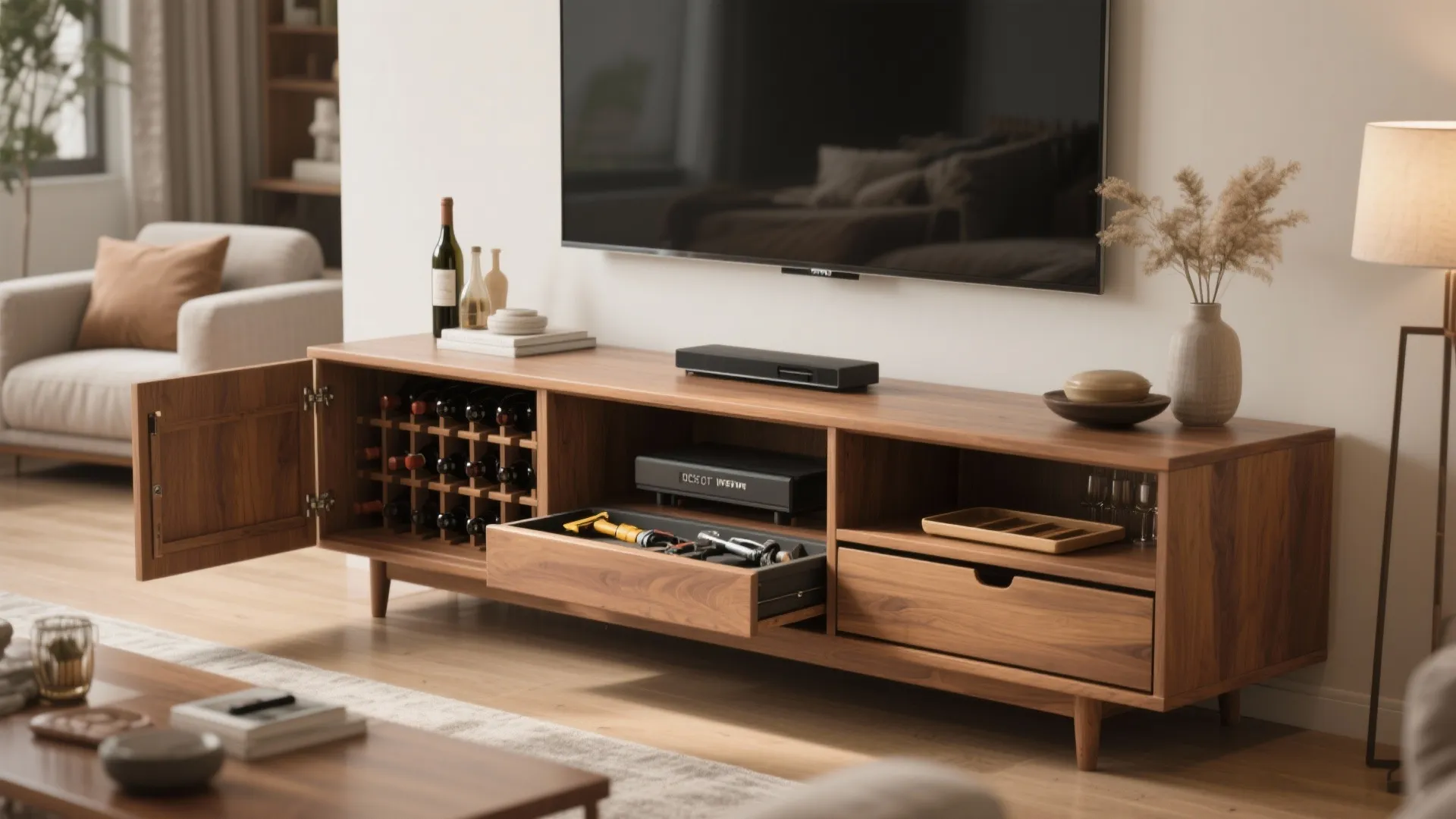 Wooden TV cabinet with open drawer, built-in wine rack, television on wall, and grey sofa